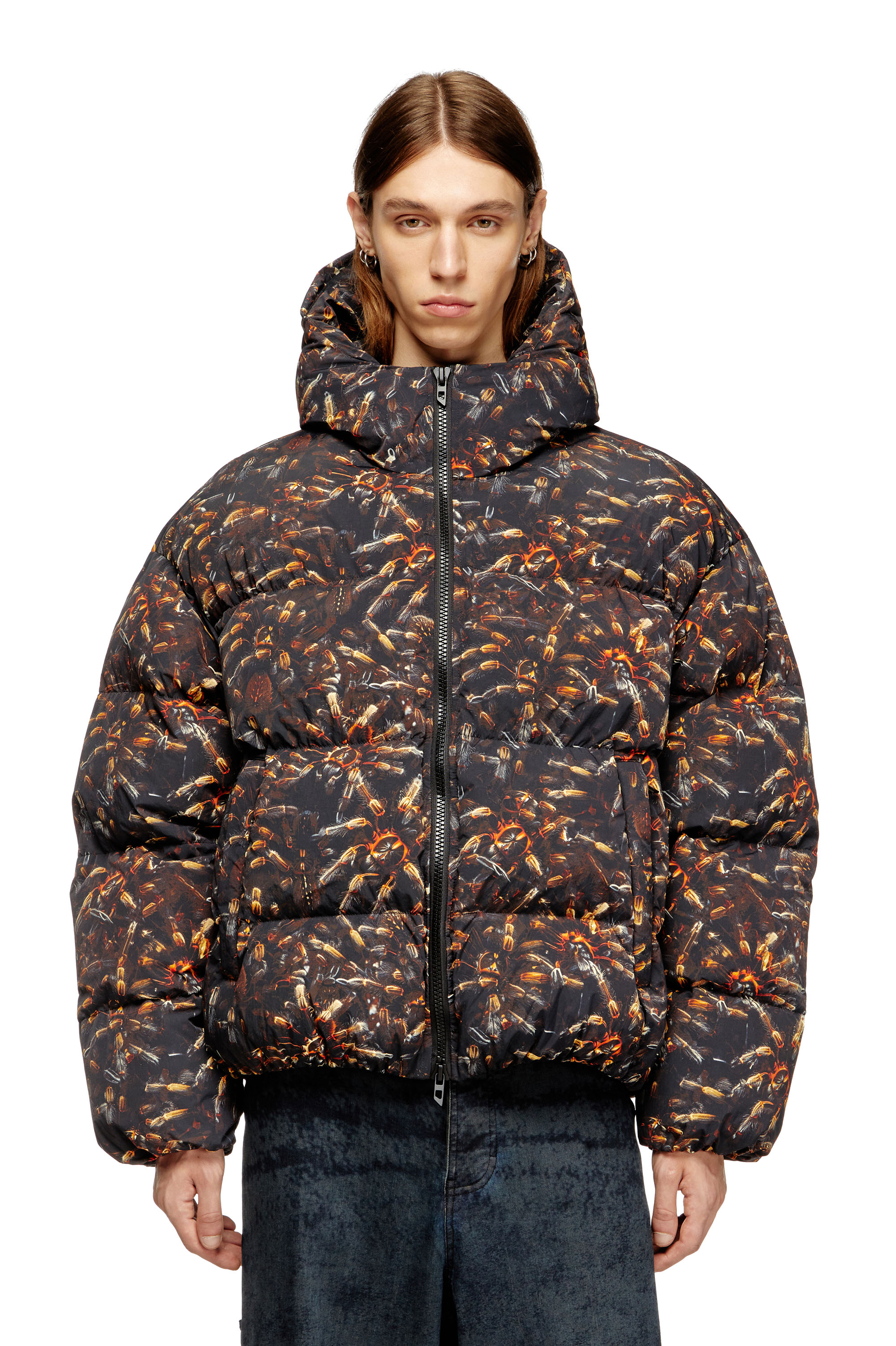 Diesel - W-SPIDER, Herren Daunen-Jacke mit Kapuze und Spinnen-Muster in Schwarz/Braun - 1
