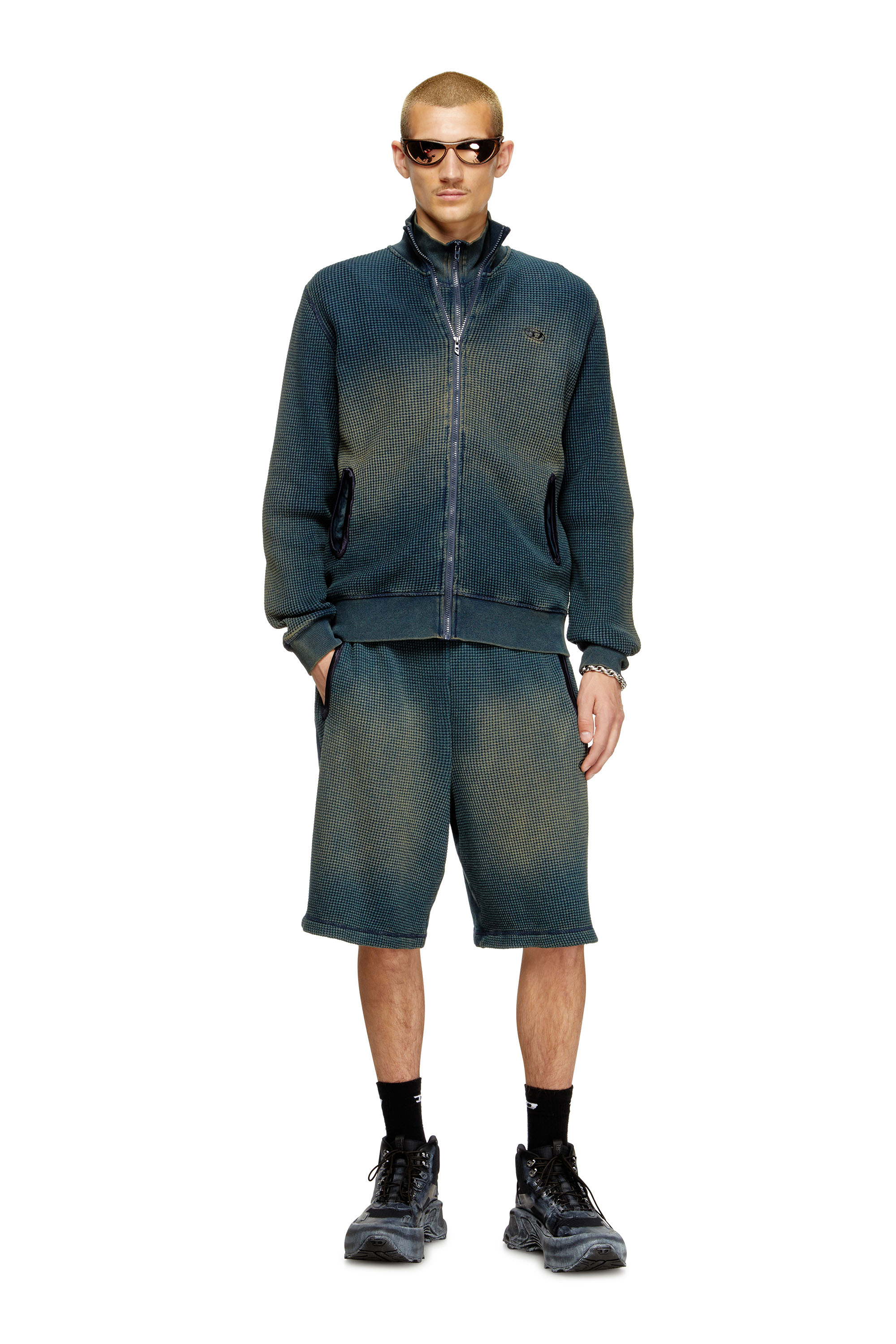 Diesel - S-WAFY-ZIP, Herren Sweatshirt mit Reißverschluss aus Waffelstoff und Jersey in Dunkelblau - 2