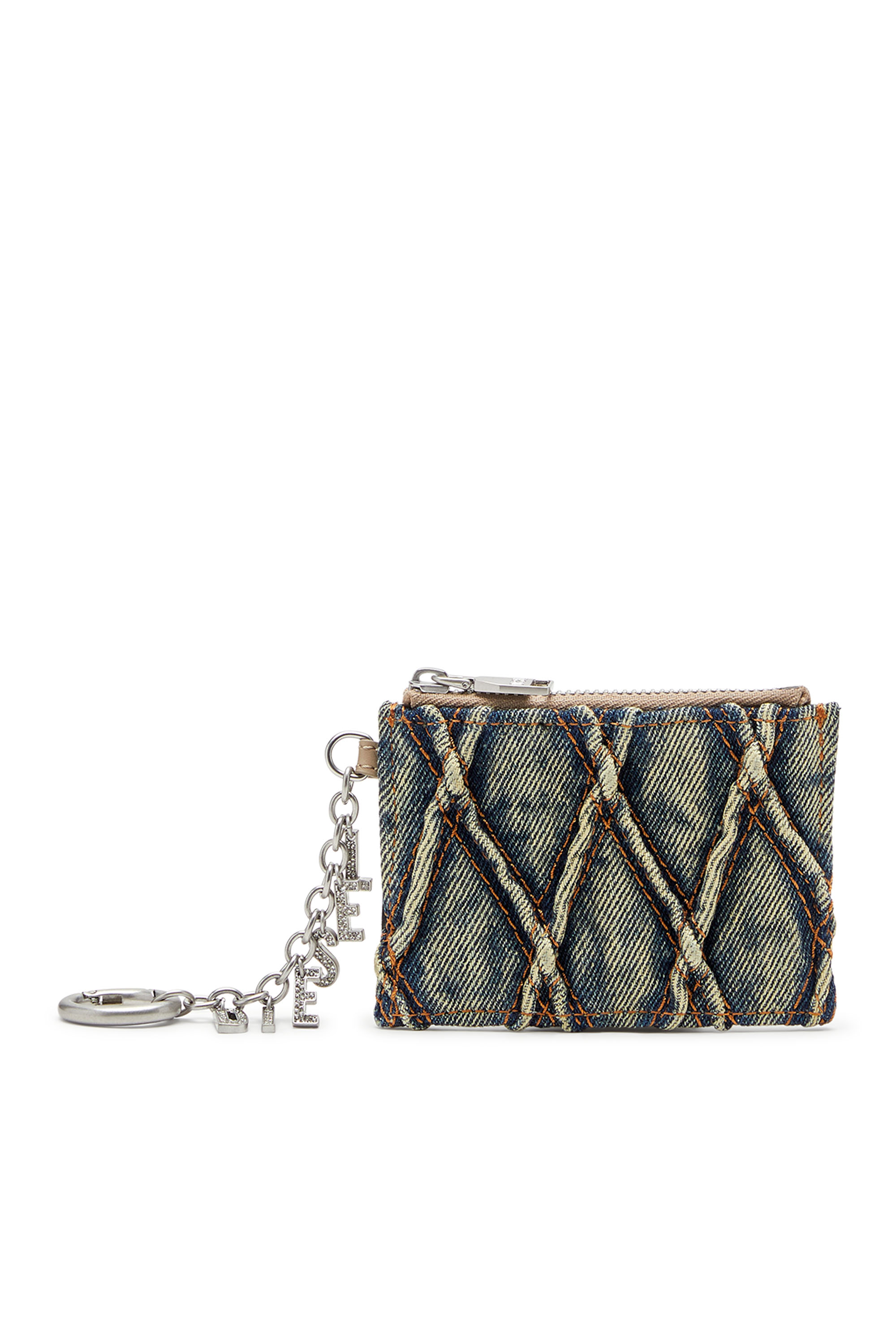 Diesel - CARD HOLDER WITH CHAIN, Damen Kartenetui aus gestepptem Argyle-Denim in Blau - 1