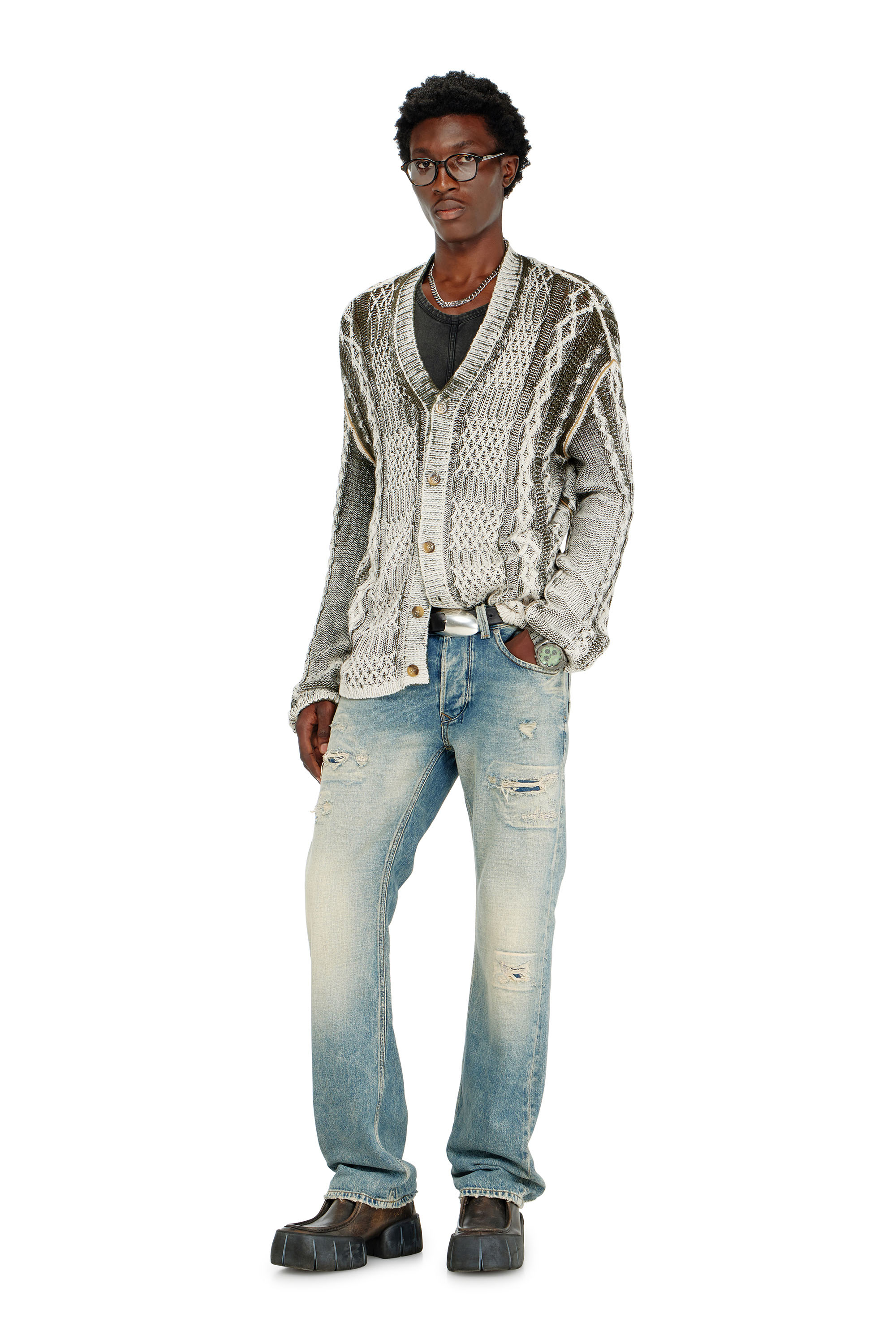 Diesel - K-MIOTO, Herren Behandelter Cardigan aus Zopfmusterstrick in Weiss/Grau - 2