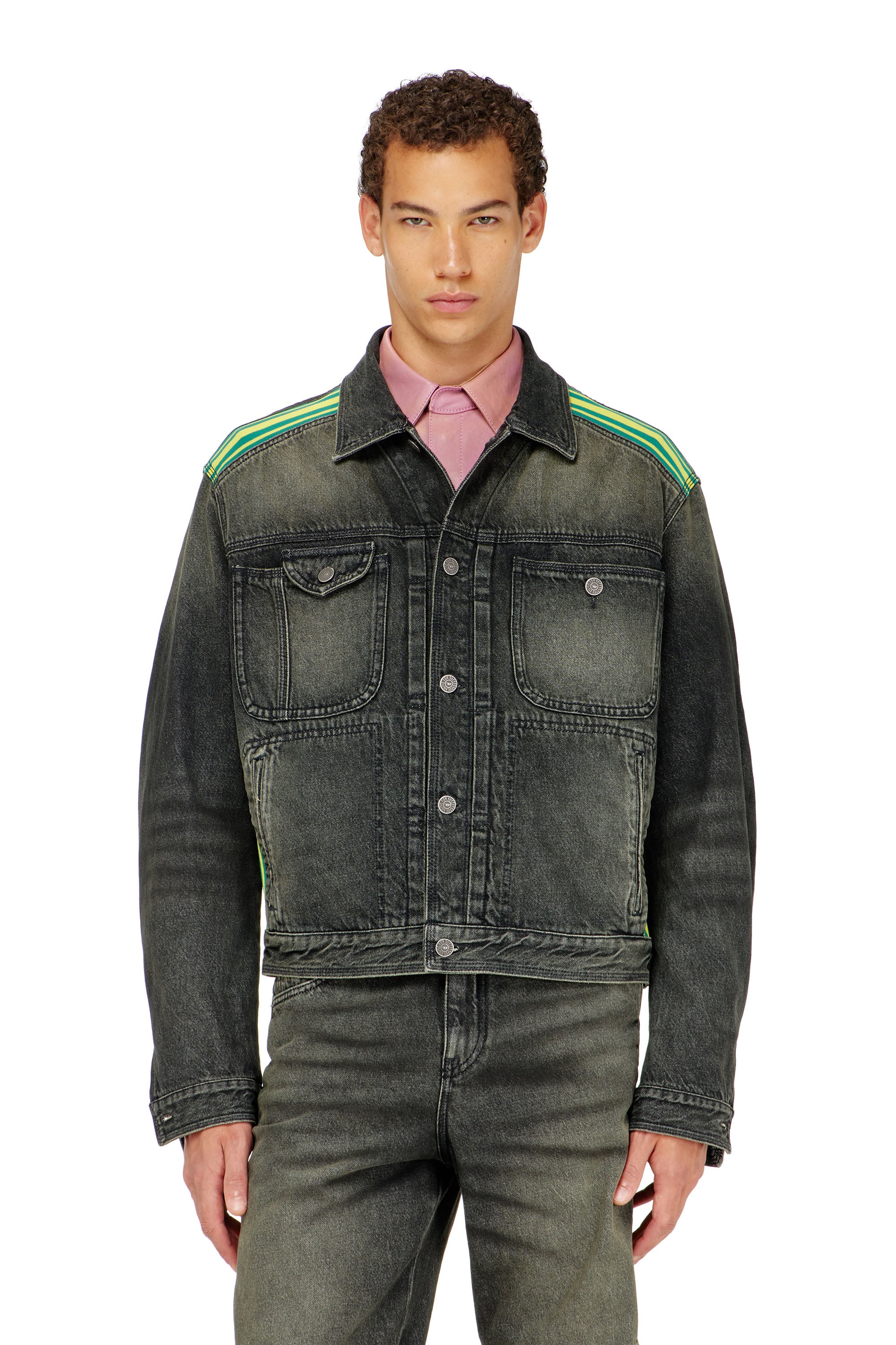 Diesel - D-BAS-FSJ1, Man's Trucker jacket with striped shoulder bands in Black/Dark grey - 1
