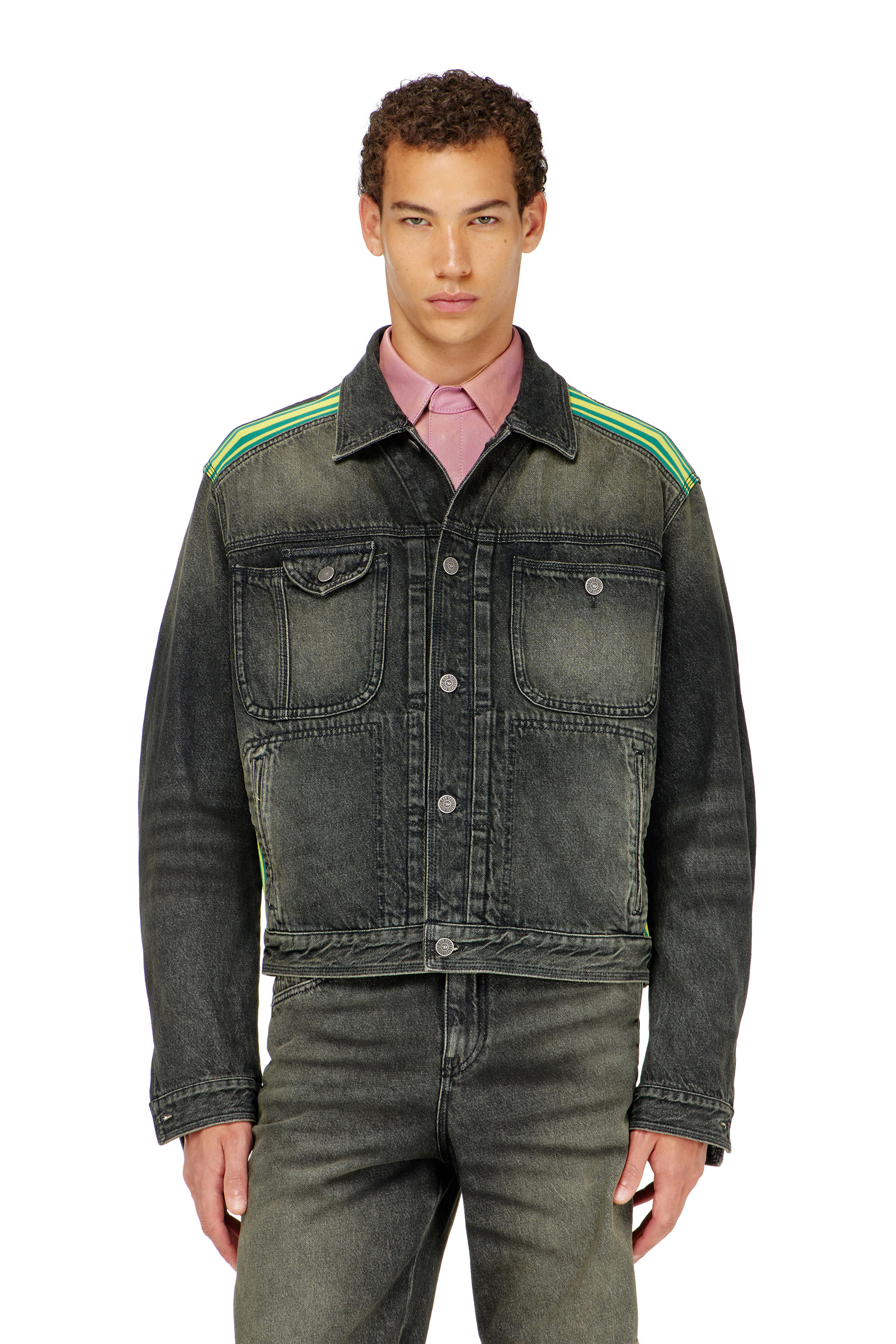 Diesel - D-BAS-FSJ1, Herren Trucker-Jacke mit gestreiften Schulterb&auml;ndern in Schwarz/Dunkelgrau - 2