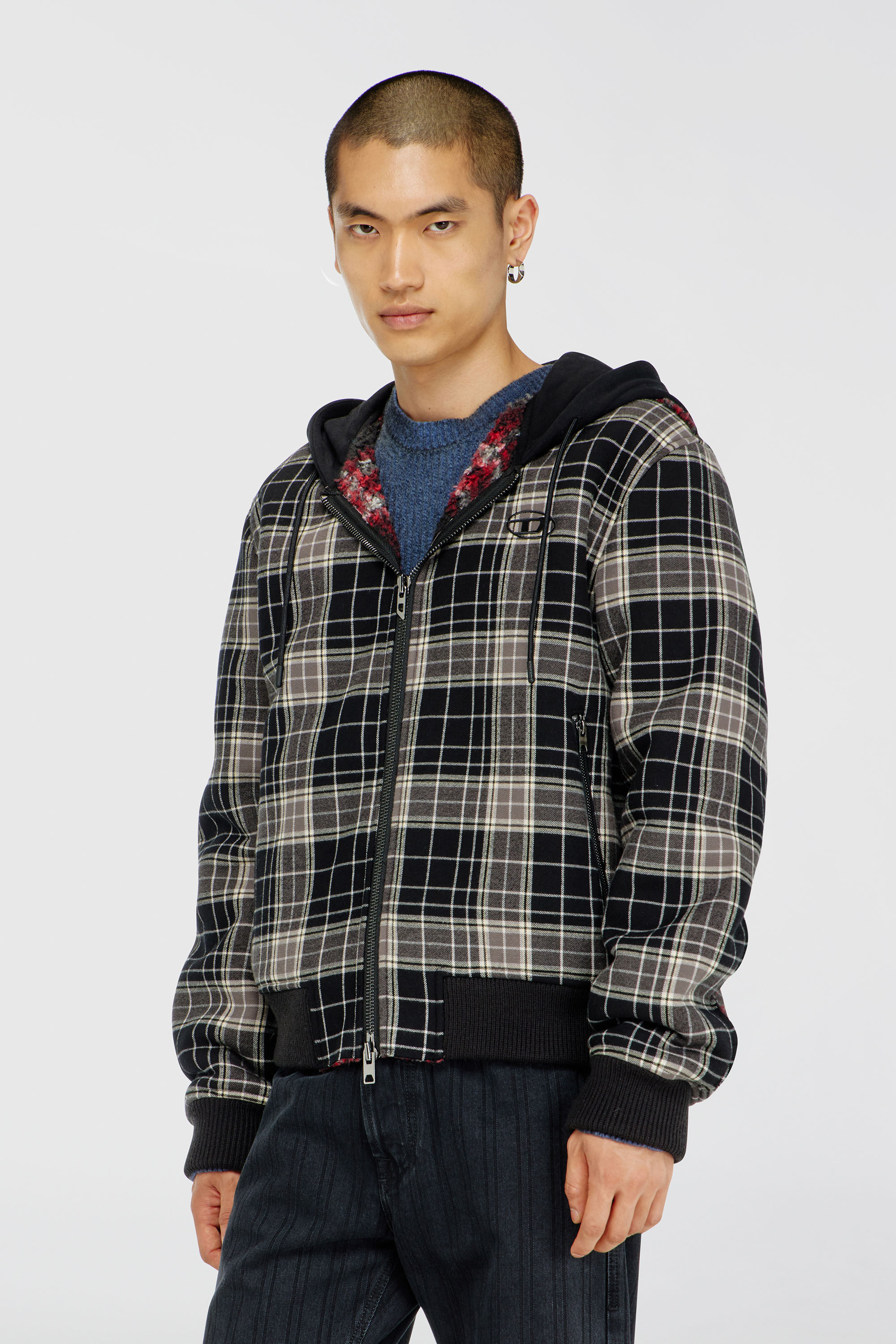 Diesel - W-KUNST, Herren Karo - Karo-bomberjacke mit flanellmuster und teddyfutter in Grau/Schwarz - 1
