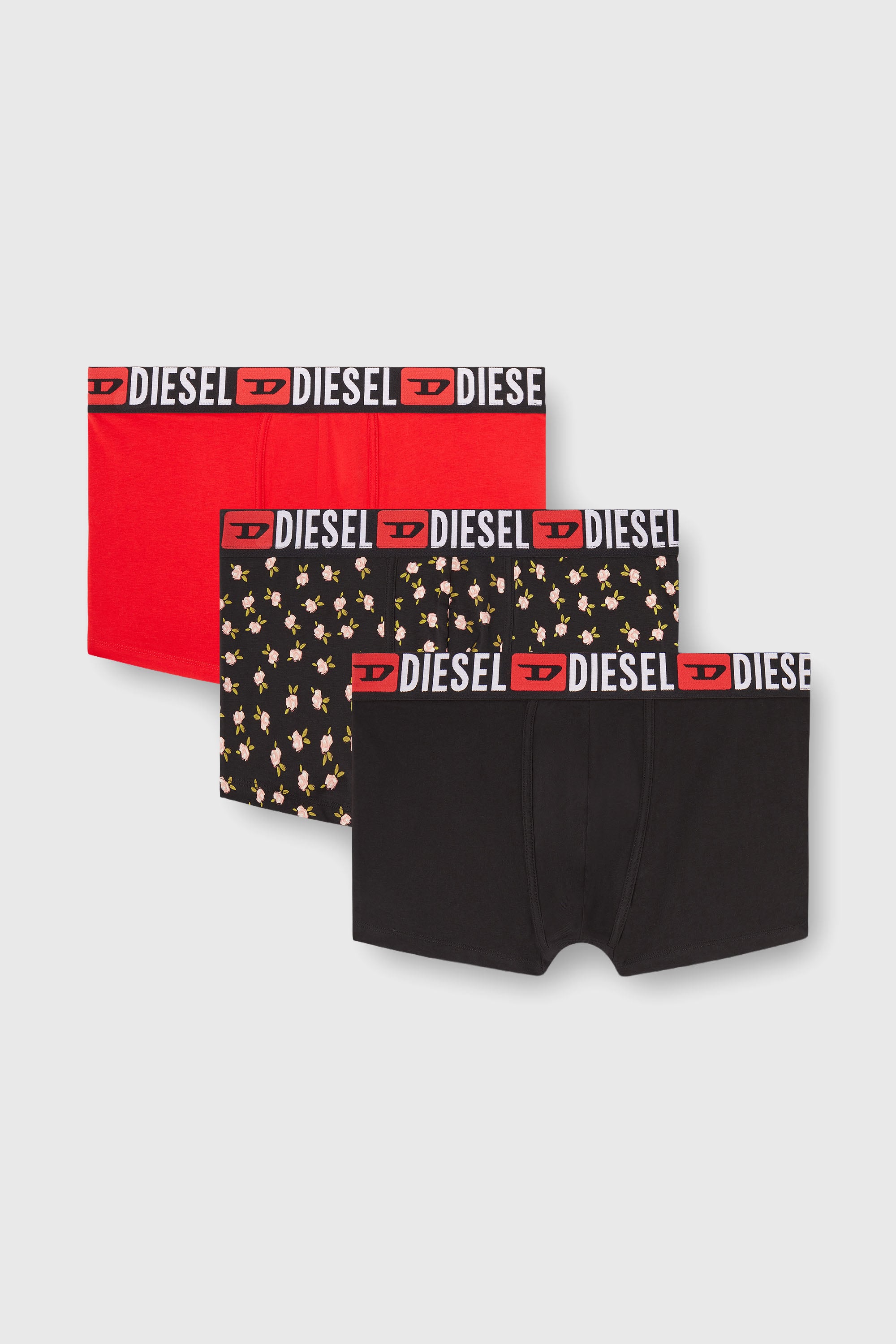 Diesel - UMBX-DAMIENTHREEPACK, Herren 3er-Pack Stretch-Baumwoll-Trunks mit Blumenmuster in Schwarz/ Rot - 1
