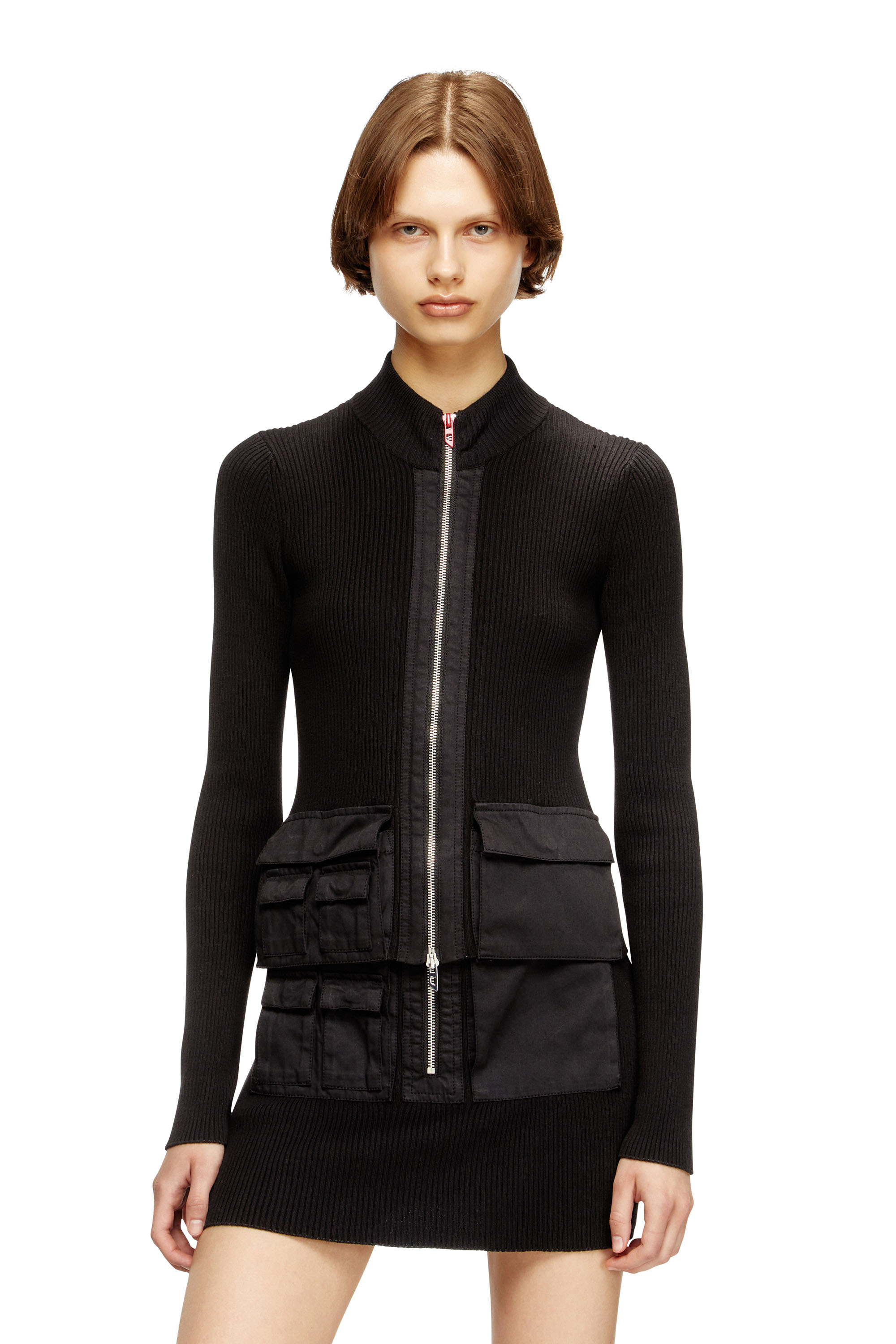 Diesel - M-MELISSA, Damen Geripptes Cardigan mit Cargotaschen in Schwarz - 3