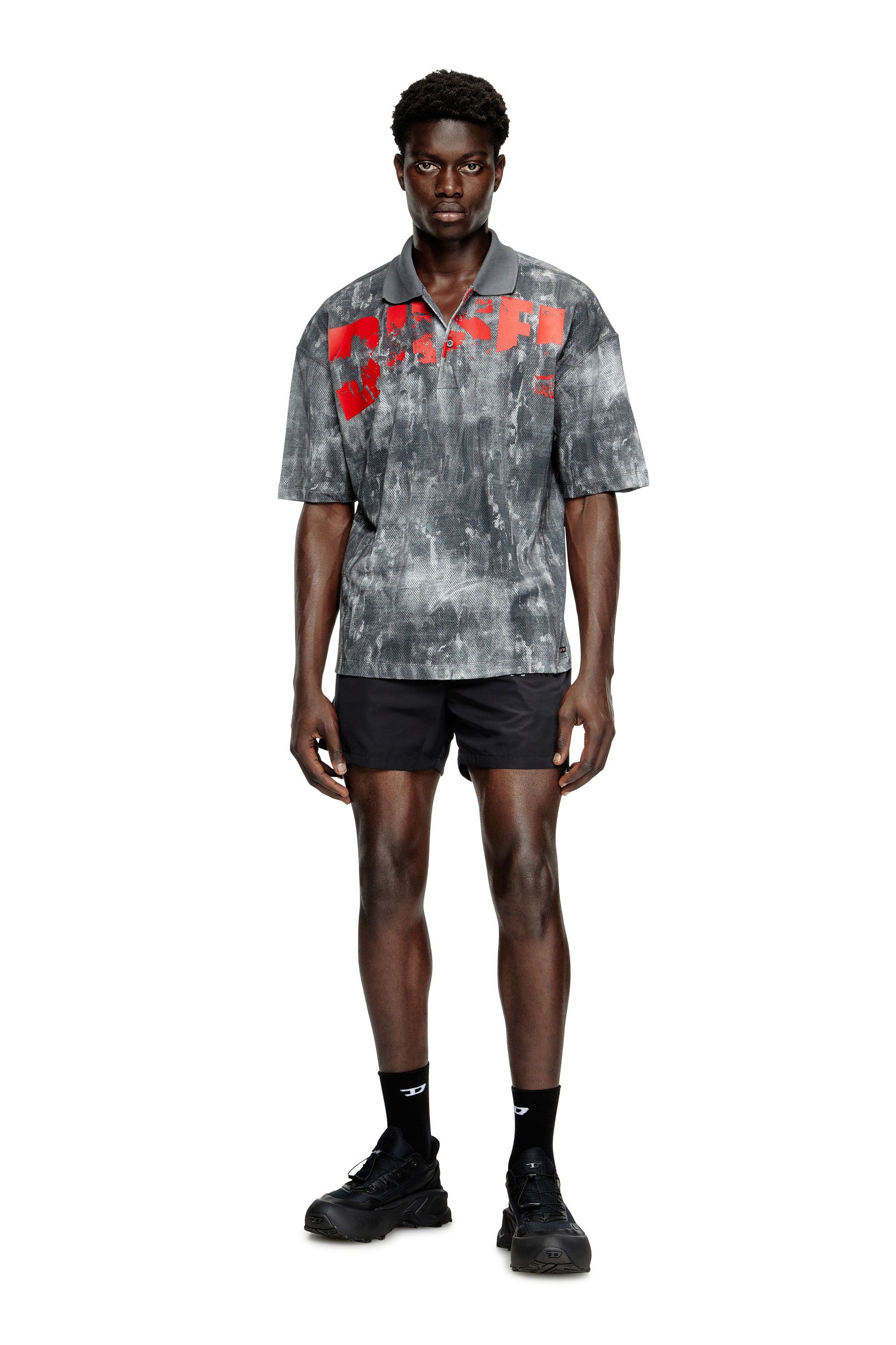 Diesel - TIMOTHEE-D-POP, Herren Strand-Polohemd aus bedrucktem Mesh in Schwarz/Rot - 2