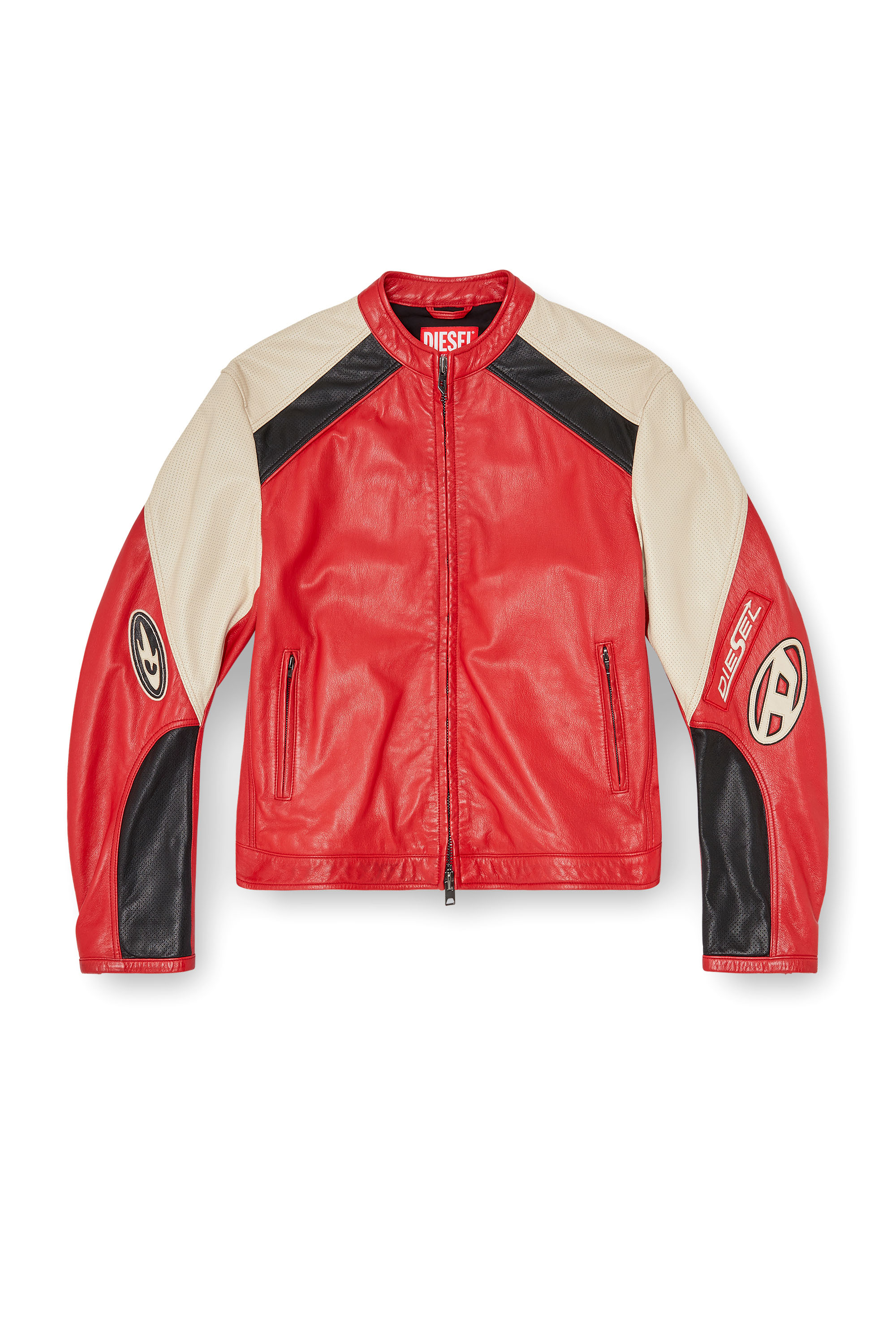 Diesel - L-AHTI, Herren Bikerjacke aus perforiertem Colour-Block-Leder in Beige/Rot - 3