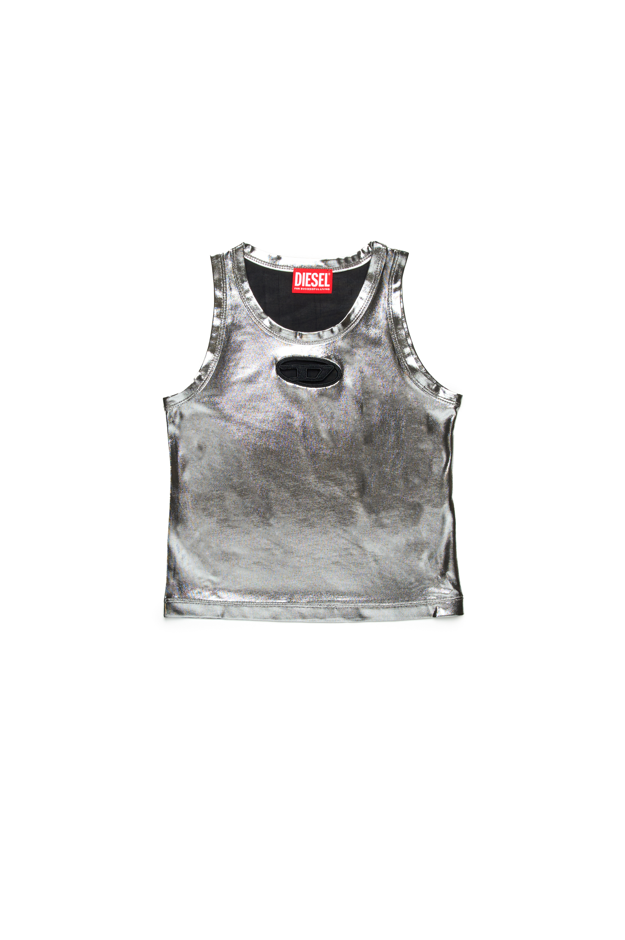 Diesel - TLYNYS, Damen Metallic-Tanktop mit Cutout-Logo in Silber/Schwarz - 1