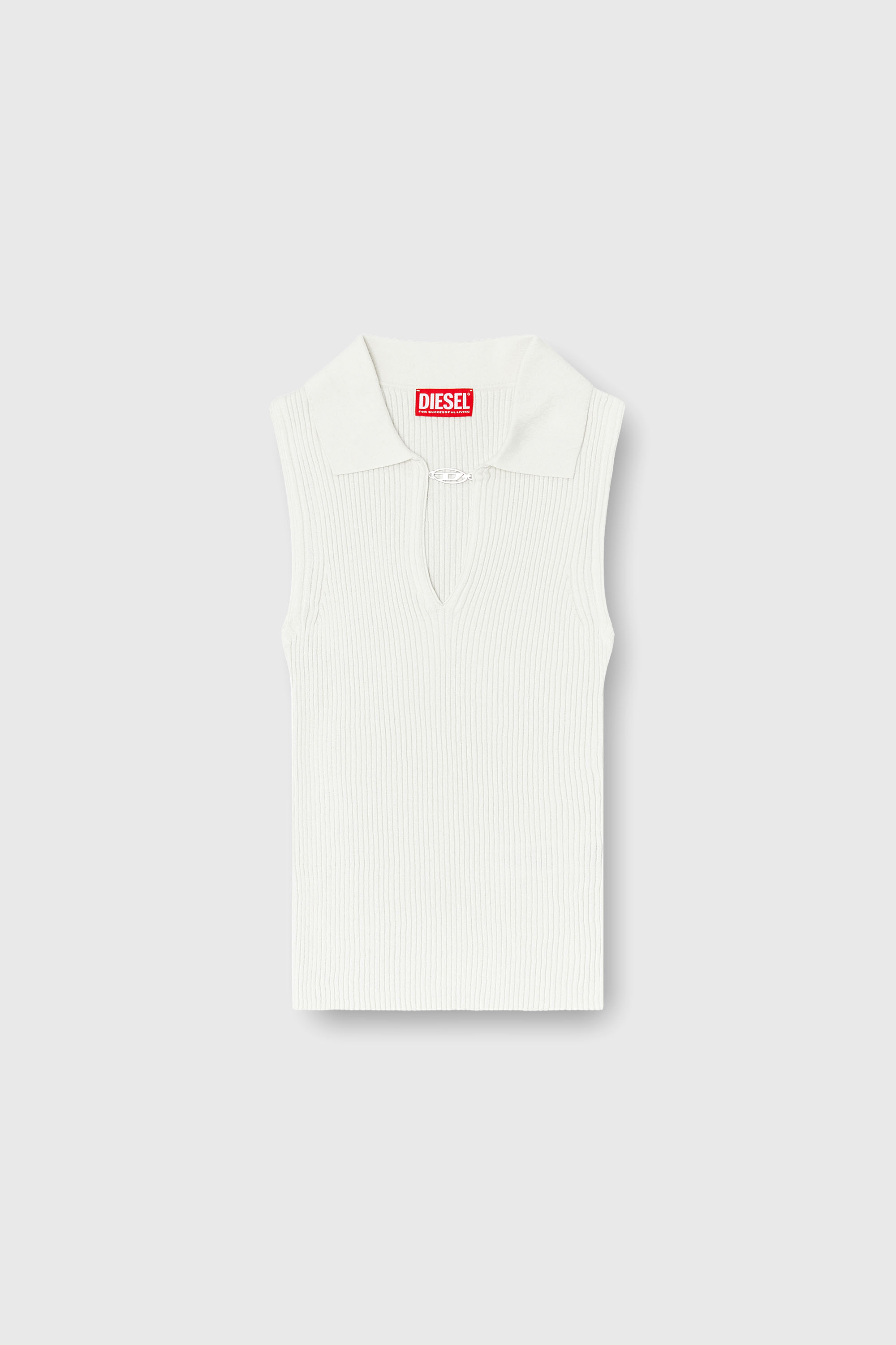 Diesel - M-LILITA, Damen &Auml;rmelloses Polo-Top aus Rippstrick mit Seidenmix in Wei&szlig; - 2