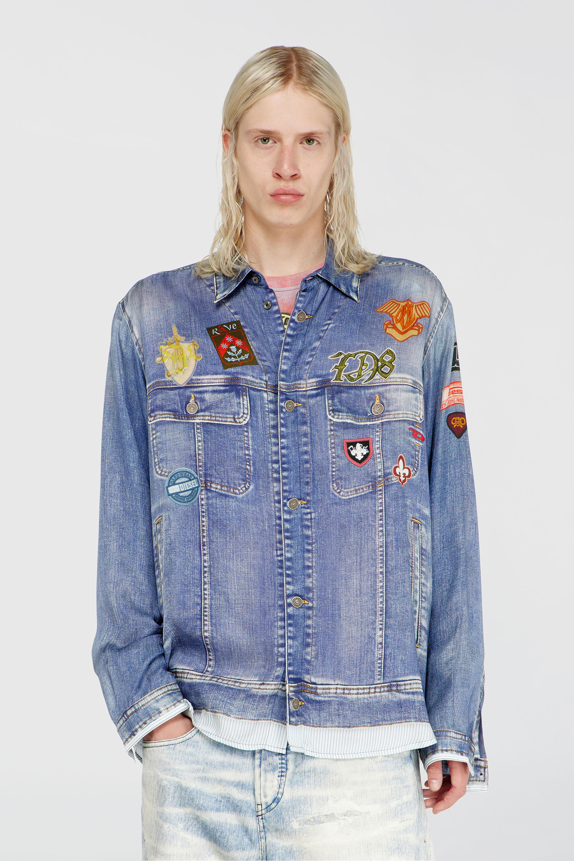 Diesel - S-SIMPLY-PATCH, Herren Satinhemd mit trompe-l'oeil denim-print in Mittelblau - 1