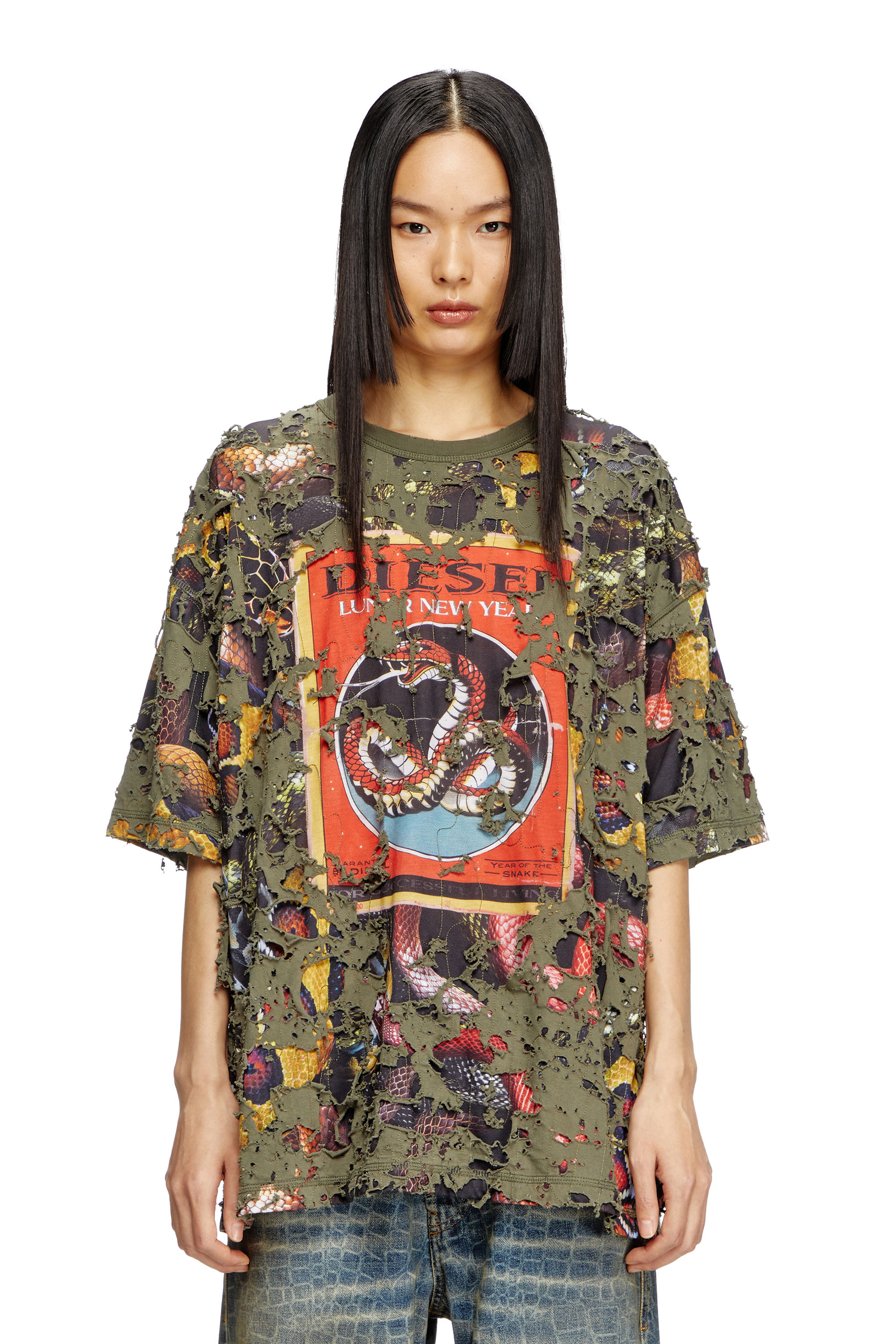 Diesel - CL-T-BOXT-DEVOR-SNAKE, Unisex T-Shirt mit Schlangen-Print und Destroyed-Overlay in Olivgrün - 5