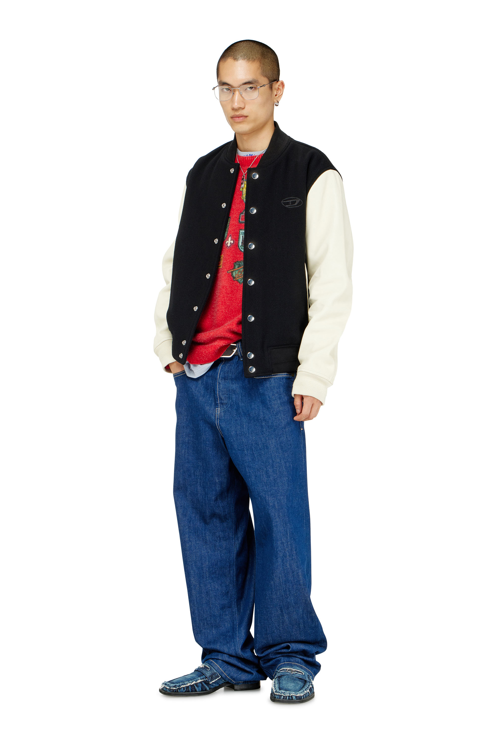 Diesel - L-ARRY-WRD, Herren Bomberjacke aus Wollmischung und Leder in Schwarz/Weiss - 2