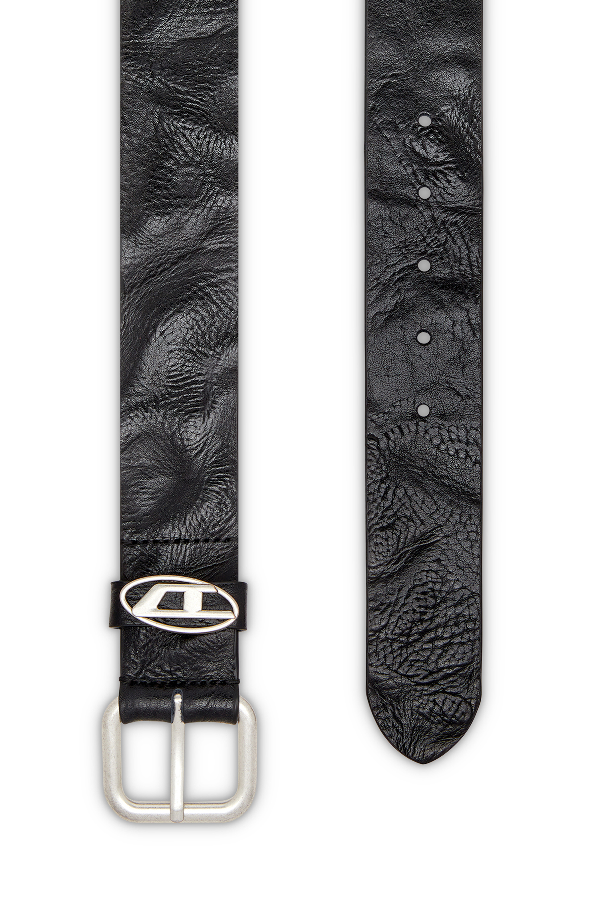 Diesel - B-1DR OVAL D LOOP, Unisex Gürtel aus Knitter-Leder mit Logo-Plakette in Schwarz - 2
