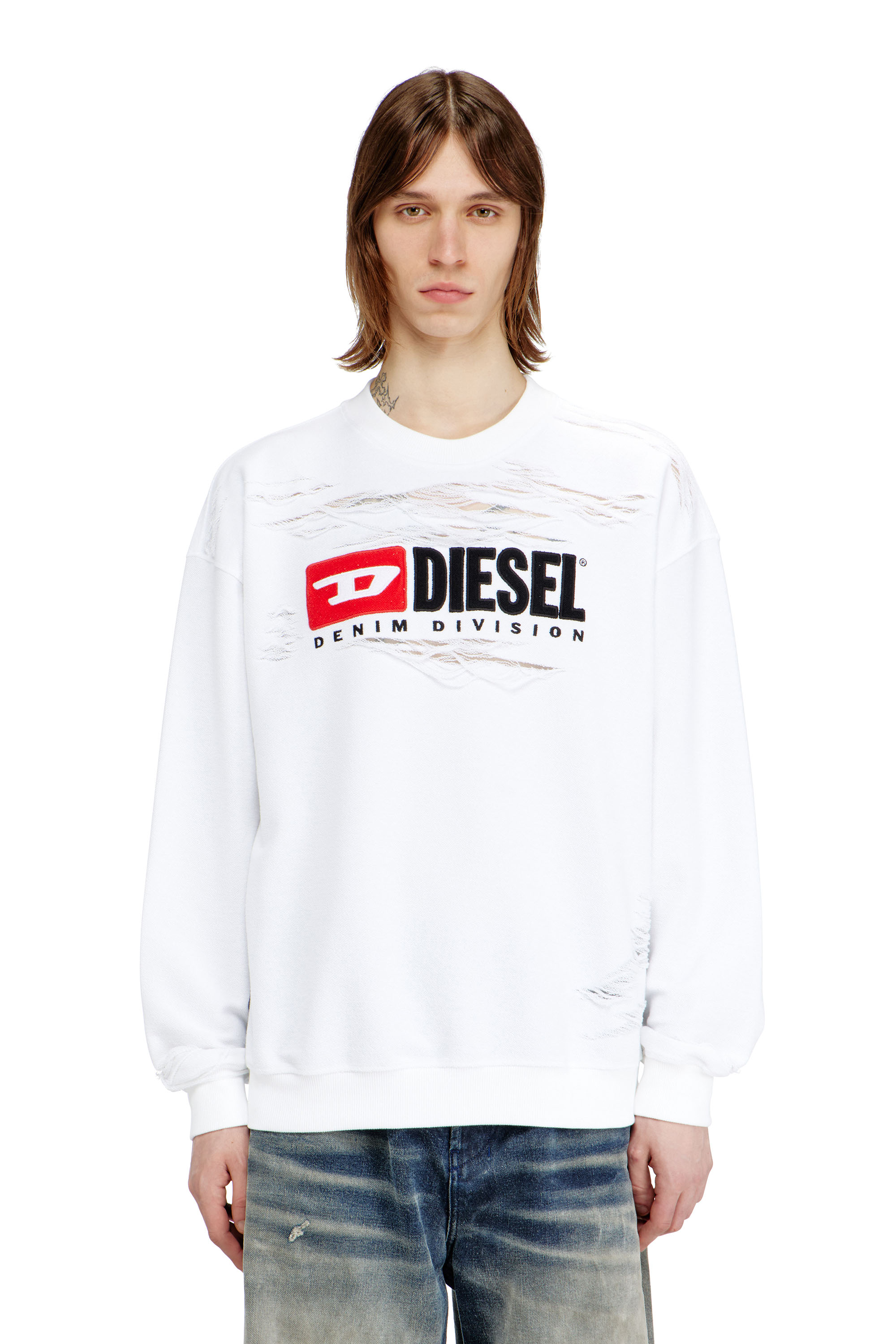 Diesel - S-BOXT-V1, Herren Sweatshirt mit Devor&eacute;-Schwebef&auml;den in Wei&szlig; - 1