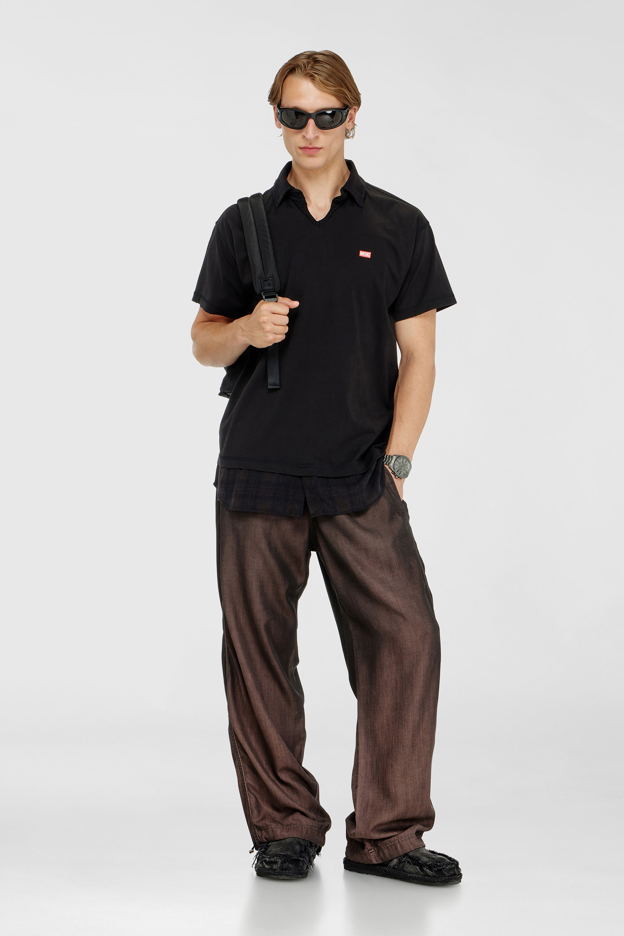 Diesel - T-ANSEL, Herren Jersey-Poloshirt mit Flanellkaro-Details in Schwarz - 1