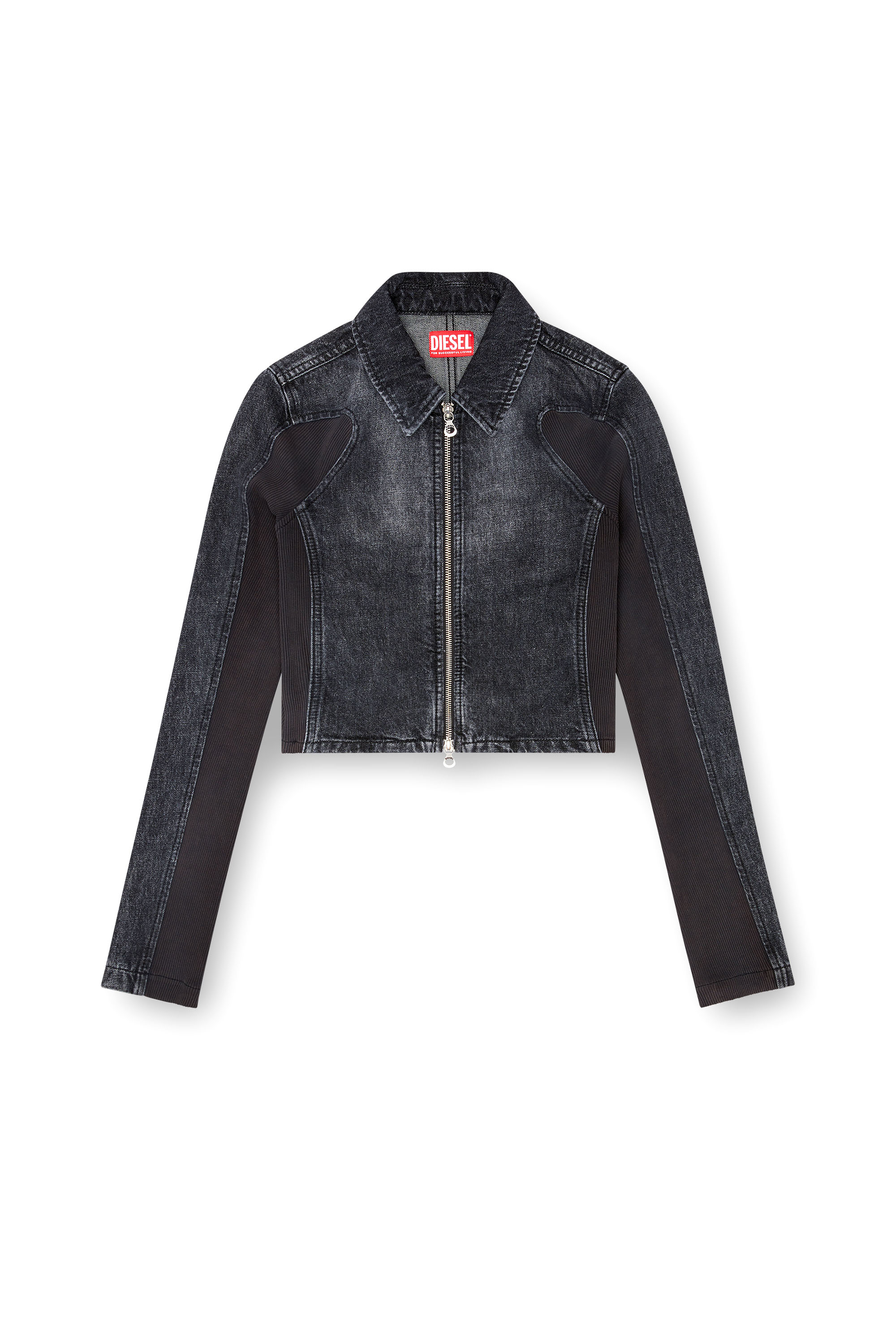 Diesel - DE-SYLEN-S, Damen Kurze Denimjacke mit gerippten Einsätzen in Schwarz - 3