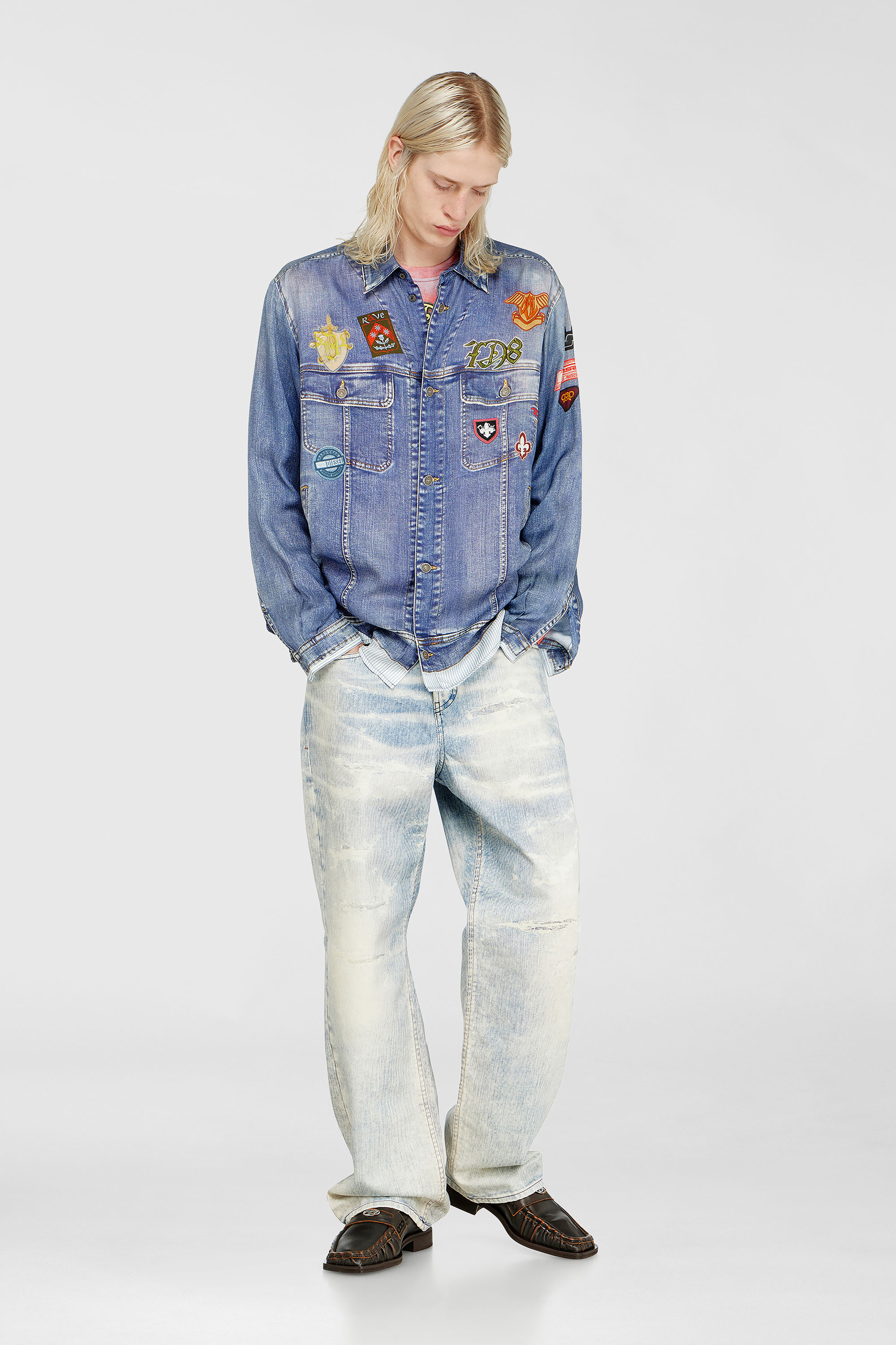 Diesel - S-SIMPLY-PATCH, Herren Satinhemd mit trompe-l'oeil denim-print in Mittelblau - 5