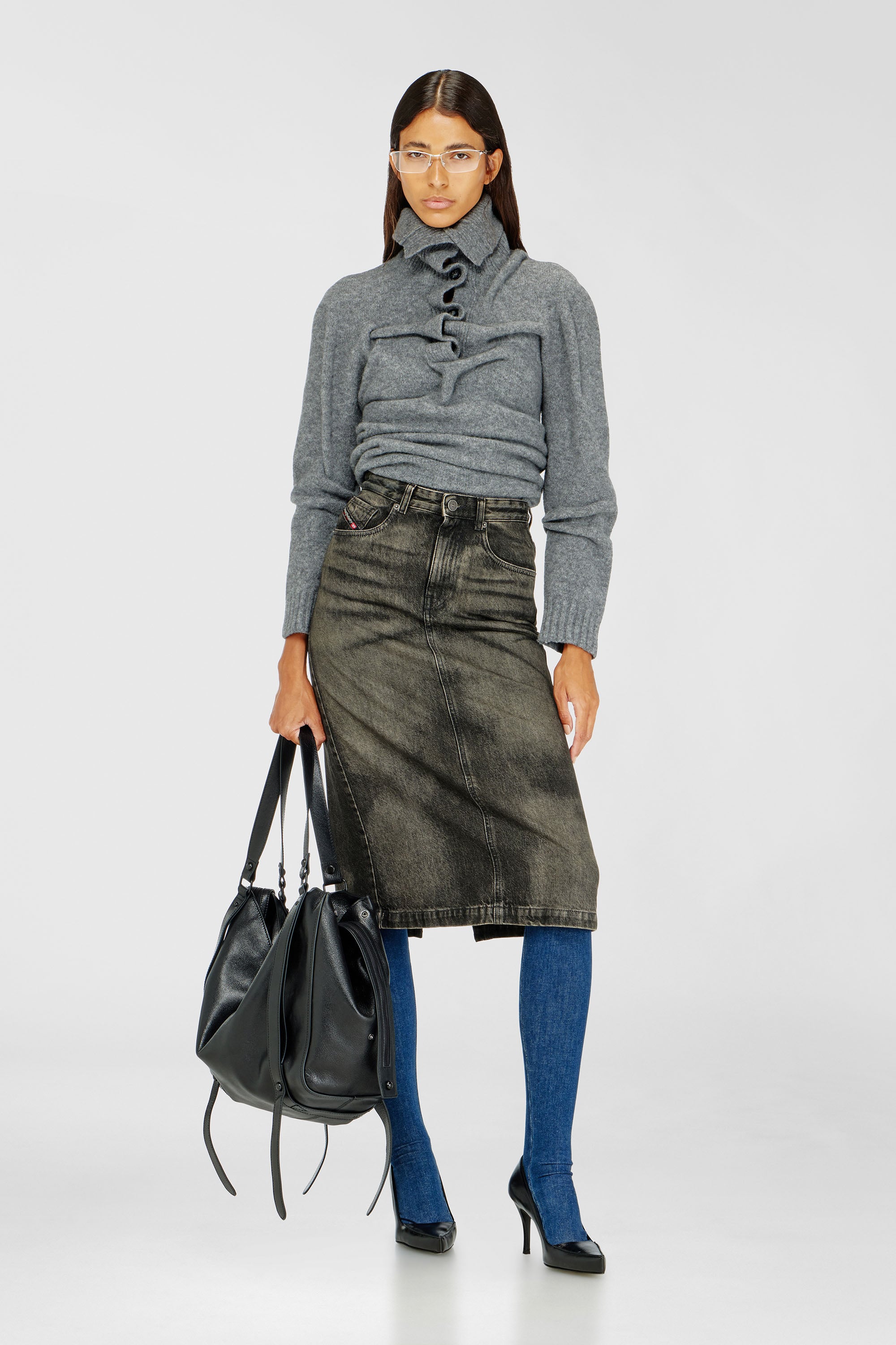 Diesel - DE-PENDY-FSJ, Damen Bleistiftrock aus Denim mit Dirty-Effekt in Dunkelgrau - 1