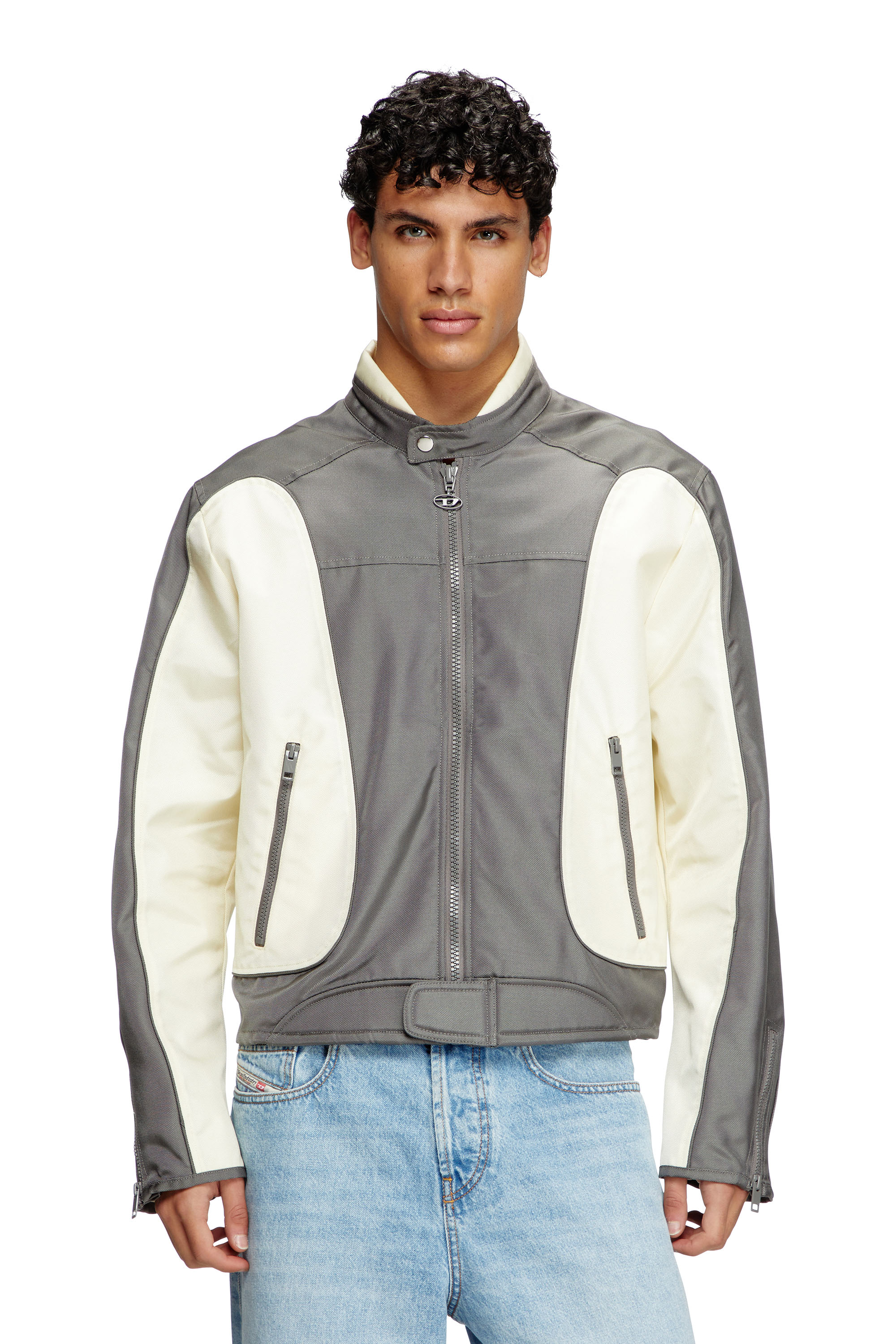 Diesel - J-BLINK-A, Herren Colour-Block-Biker-Jacke mit Paspelierung in Grau/Weiss - 1