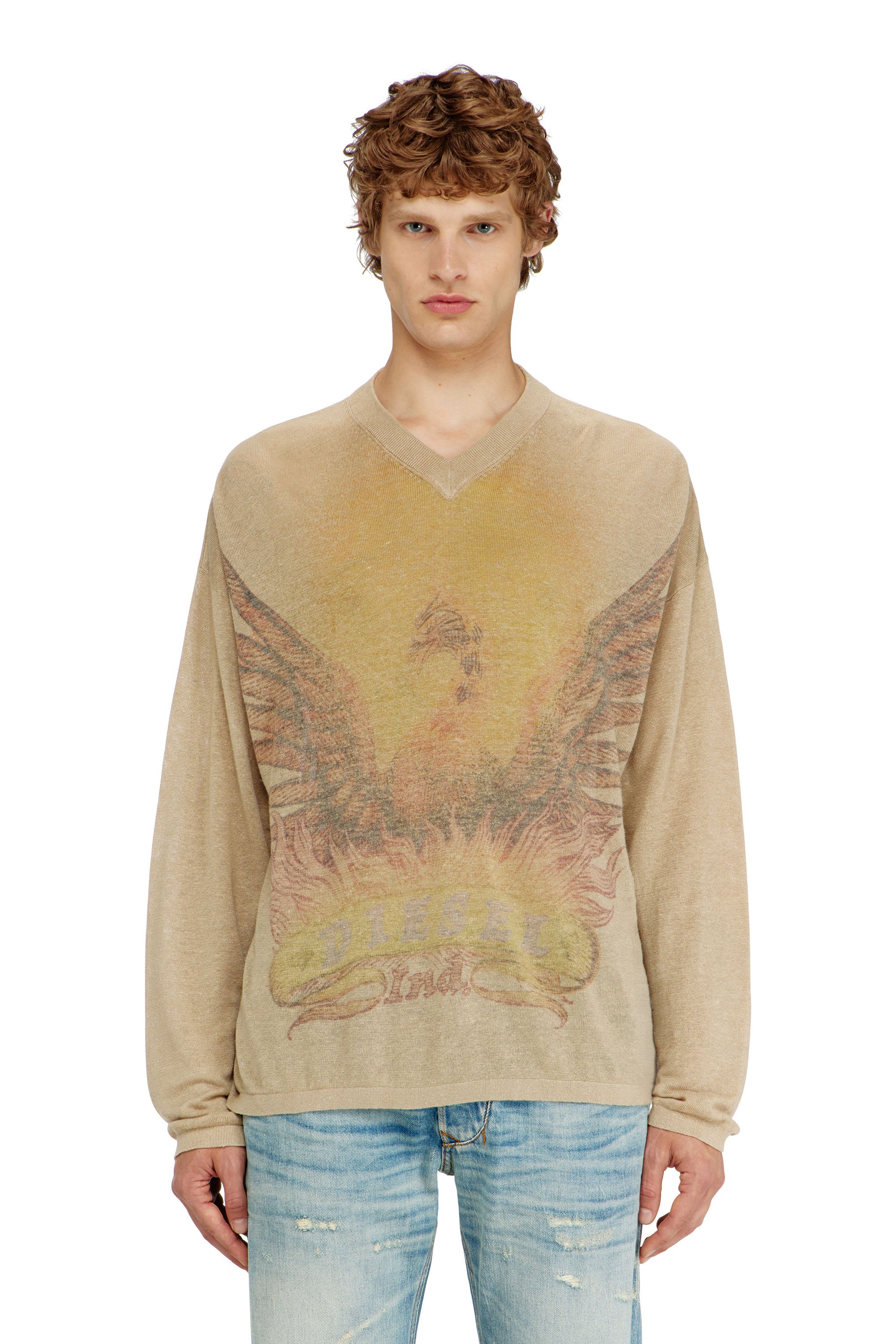 Diesel - K-ARMINS, Herren Leinenpullover mit verblasstem Phoenix-Print in Beige - 1