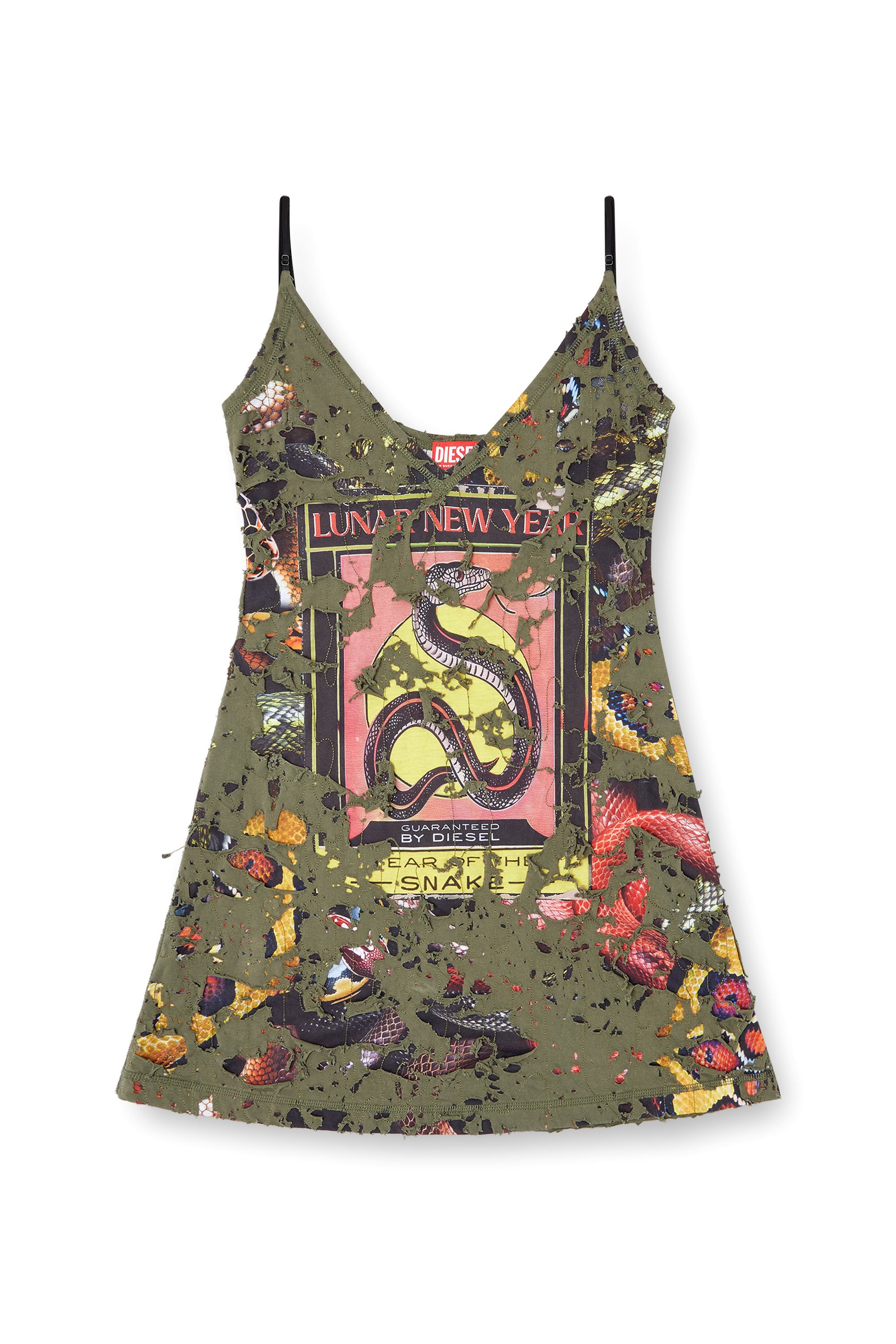 Diesel - CL-D-JENA-DEV-SNAKE, Damen Destroyed-Slip-Kleid mit Schlangen-Print in Olivgrün - 3