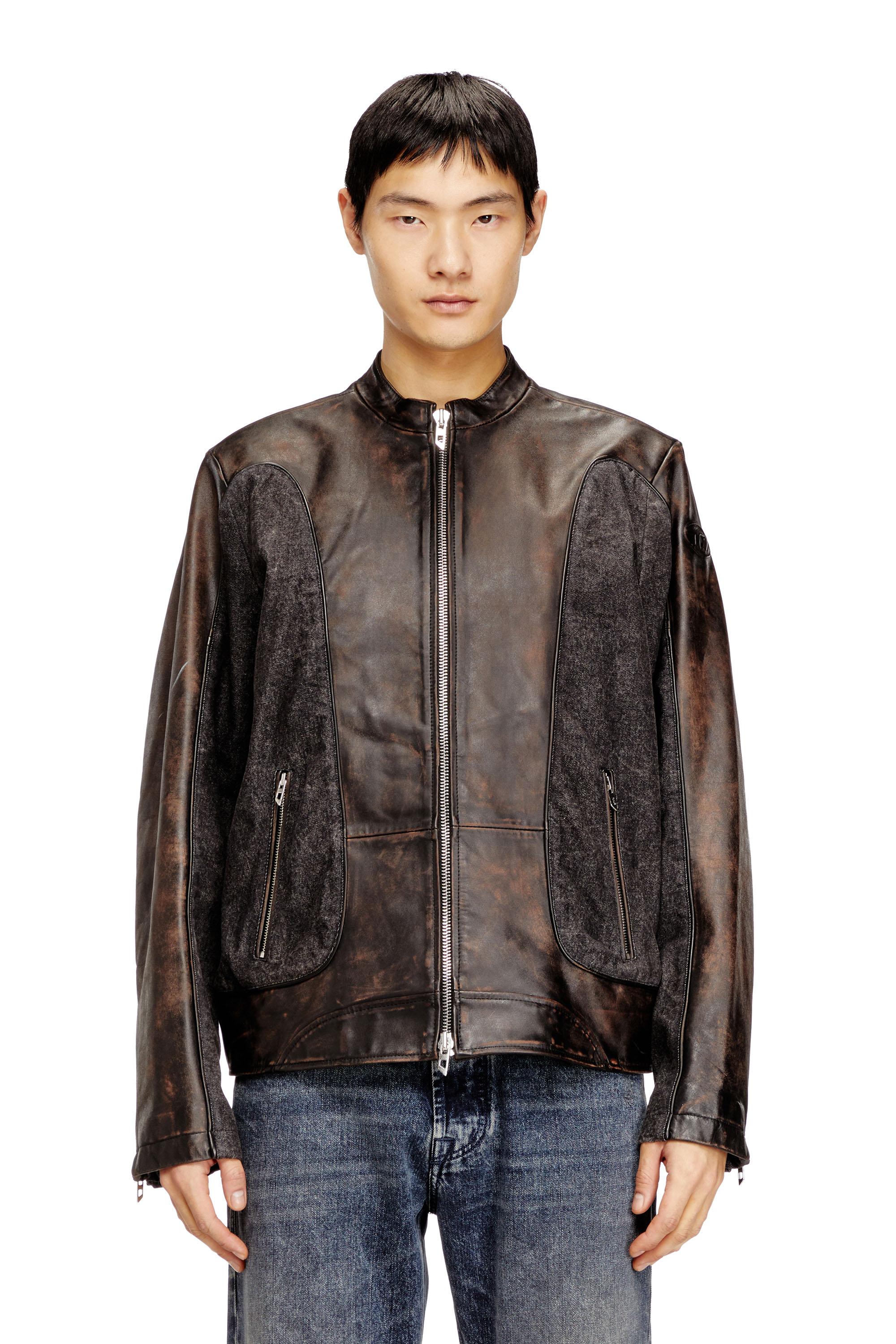Diesel - L-KRILL-DNM, Herren Jacke im Bikerstil mit Paspelierung aus Leder und Denim in null - 1