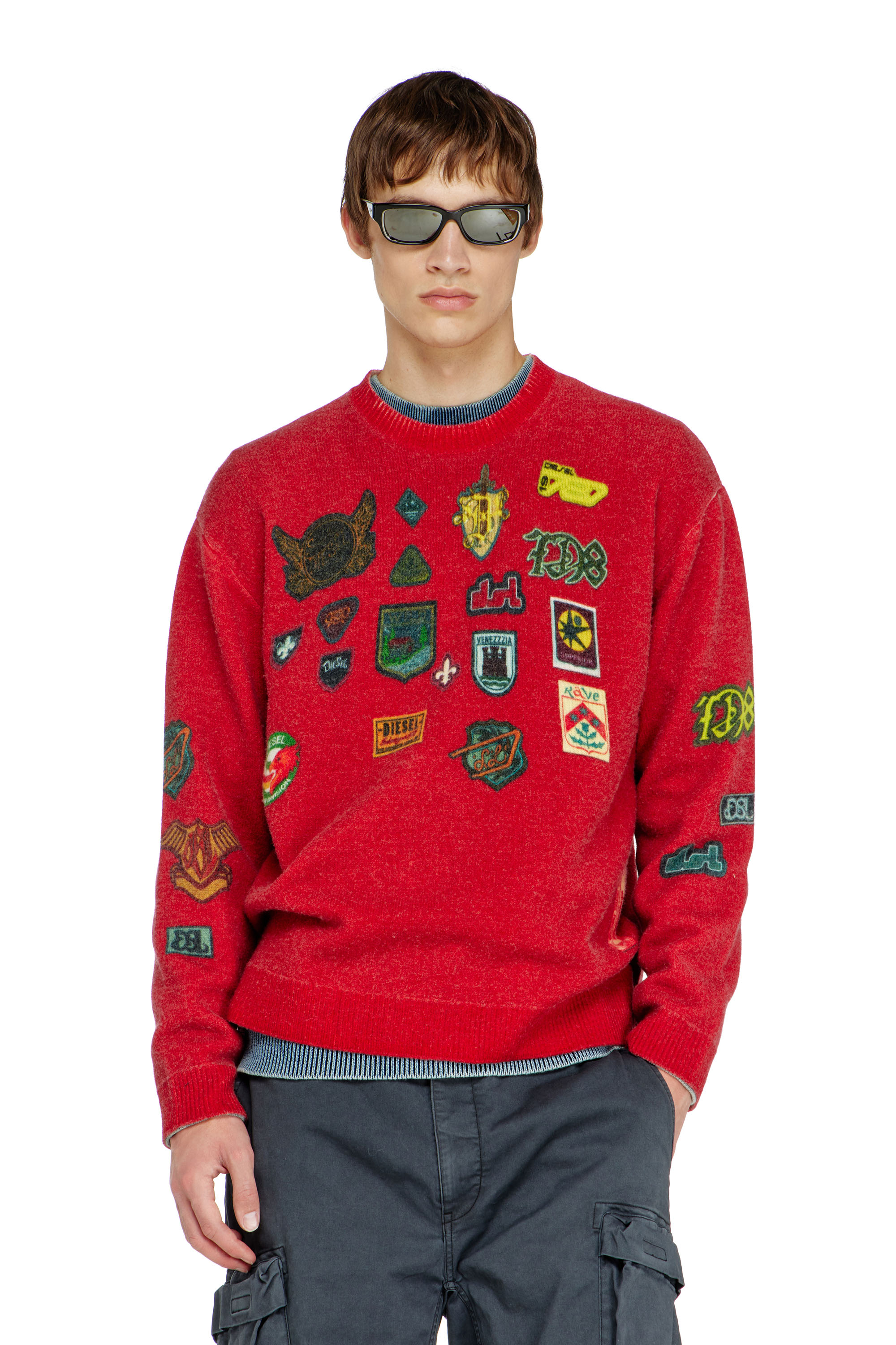 Diesel - K-PATCY, Herren Wollpullover mit bedruckten patches in Rot - 1