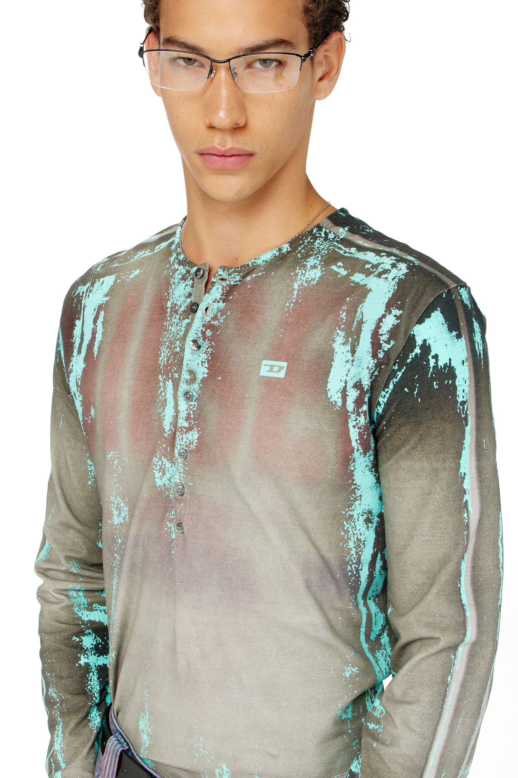 Diesel - T-FYNO-ML, Herren Grandad T-Shirt aus Jersey mit Leder-Crack-Effekt in null - 4