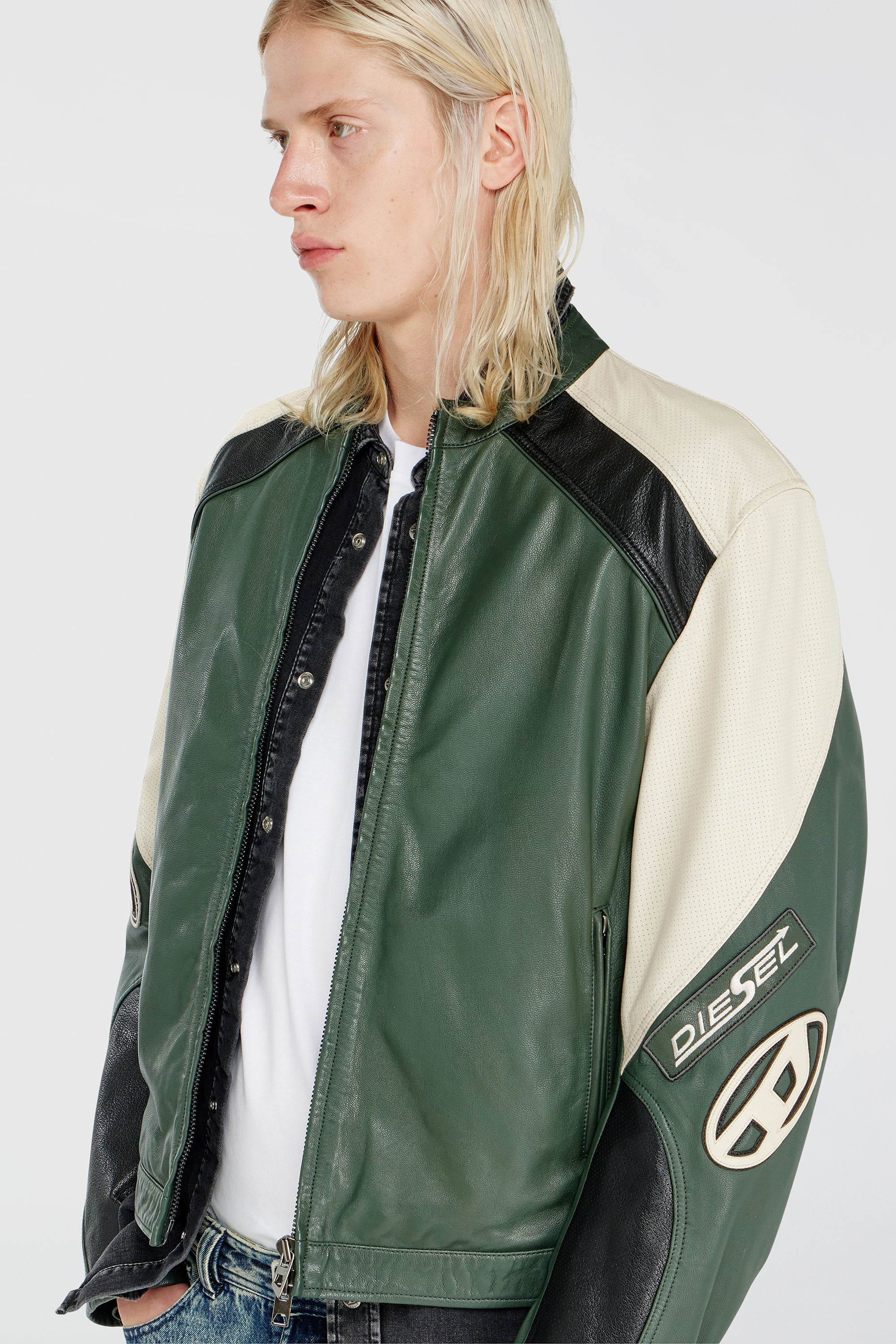 Diesel - L-AHTI, Herren Bikerjacke aus perforiertem Colour-Block-Leder in Beige/Schwarz - 6