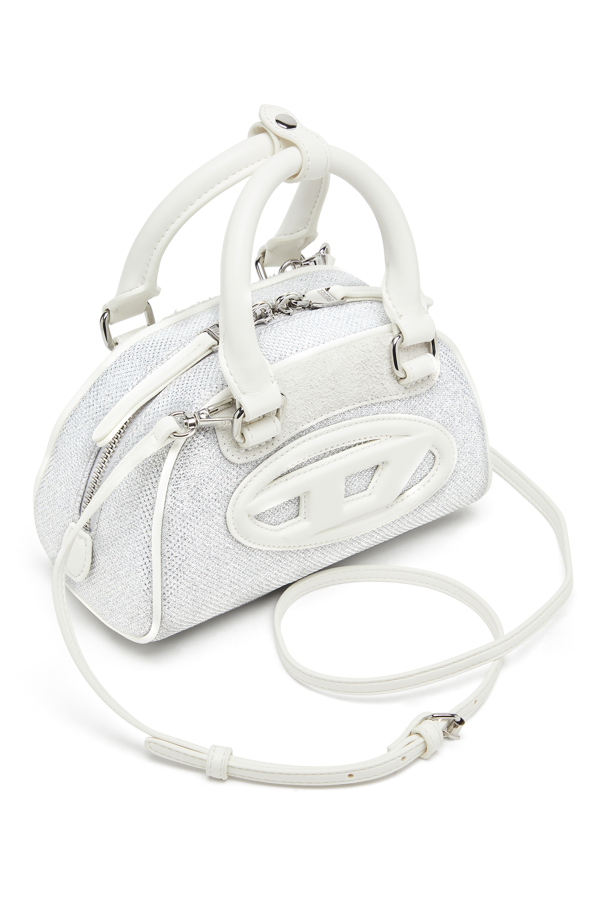 Diesel - 1DR DOME CROSSBODY, Damen 1DR Dome-Mini-Bowling-Tasche aus Lurexstoff in Weiß/Grau - 5