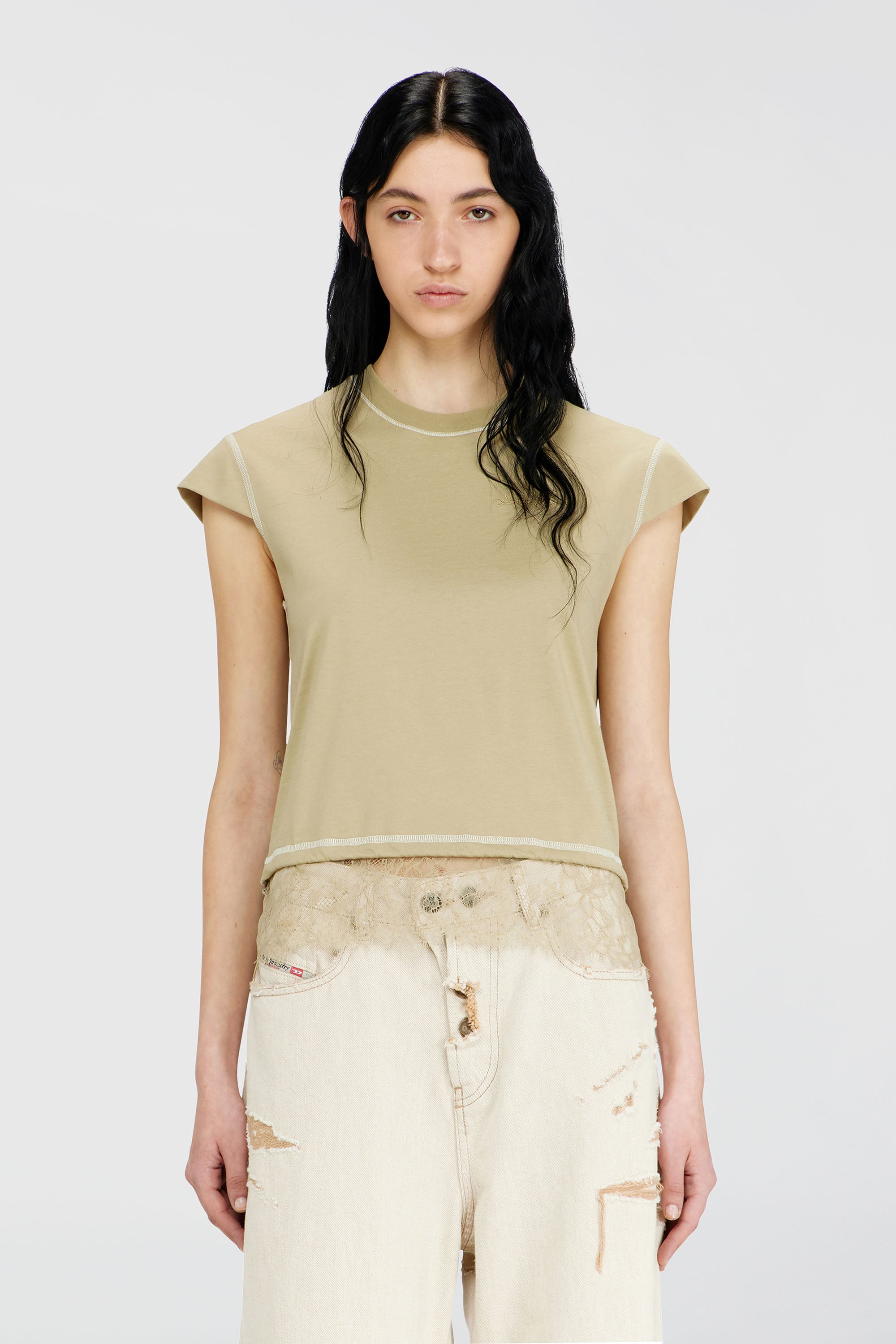 Diesel - T-LUNA, Damen Jersey-Top mit Spitzenbesatz am Saum in Beige - 1