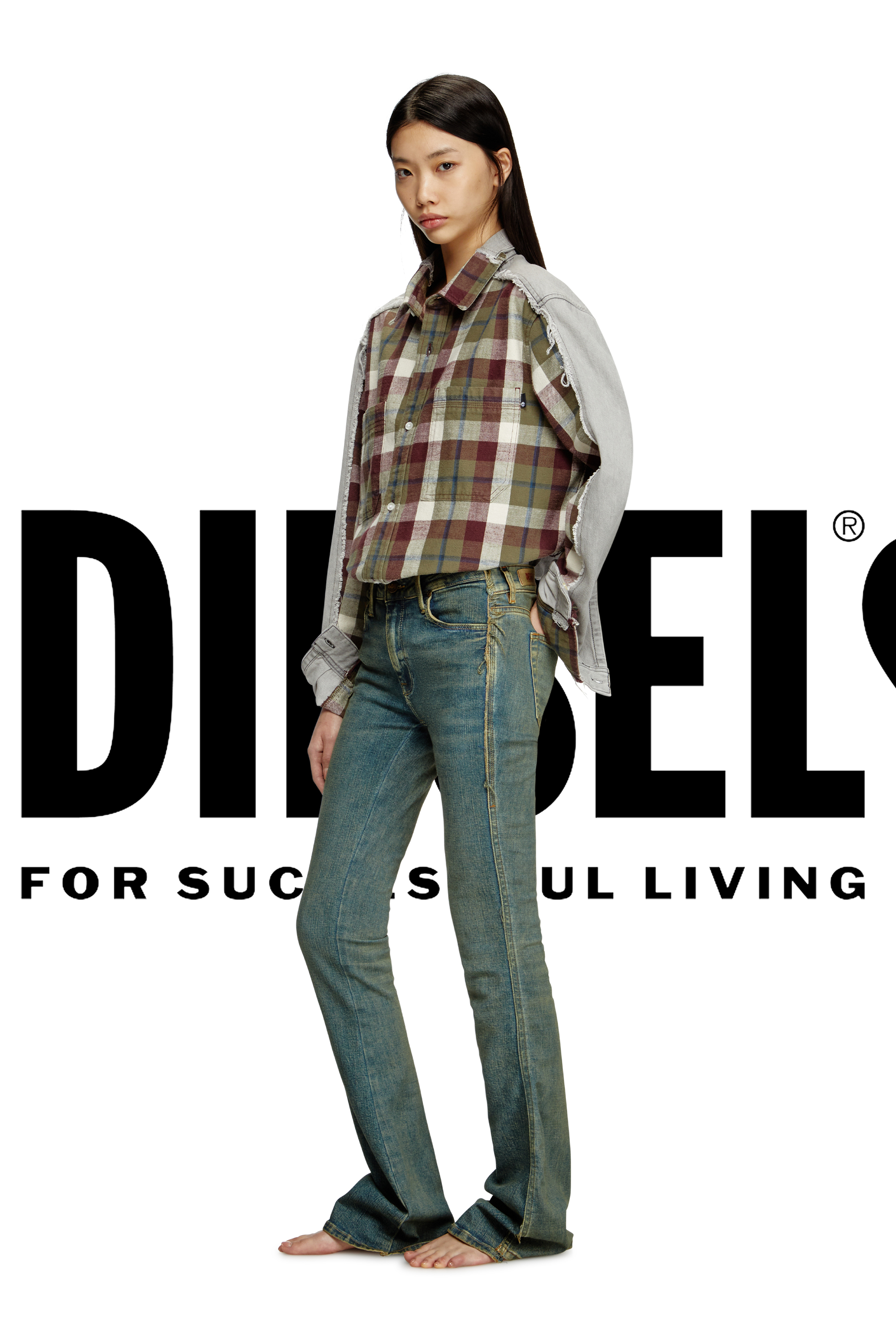 Diesel - Shirt Diseloves 8B, Unisex Karo- und Denim-Hemd in Bleich-Effekt in Rot/Grau - 2