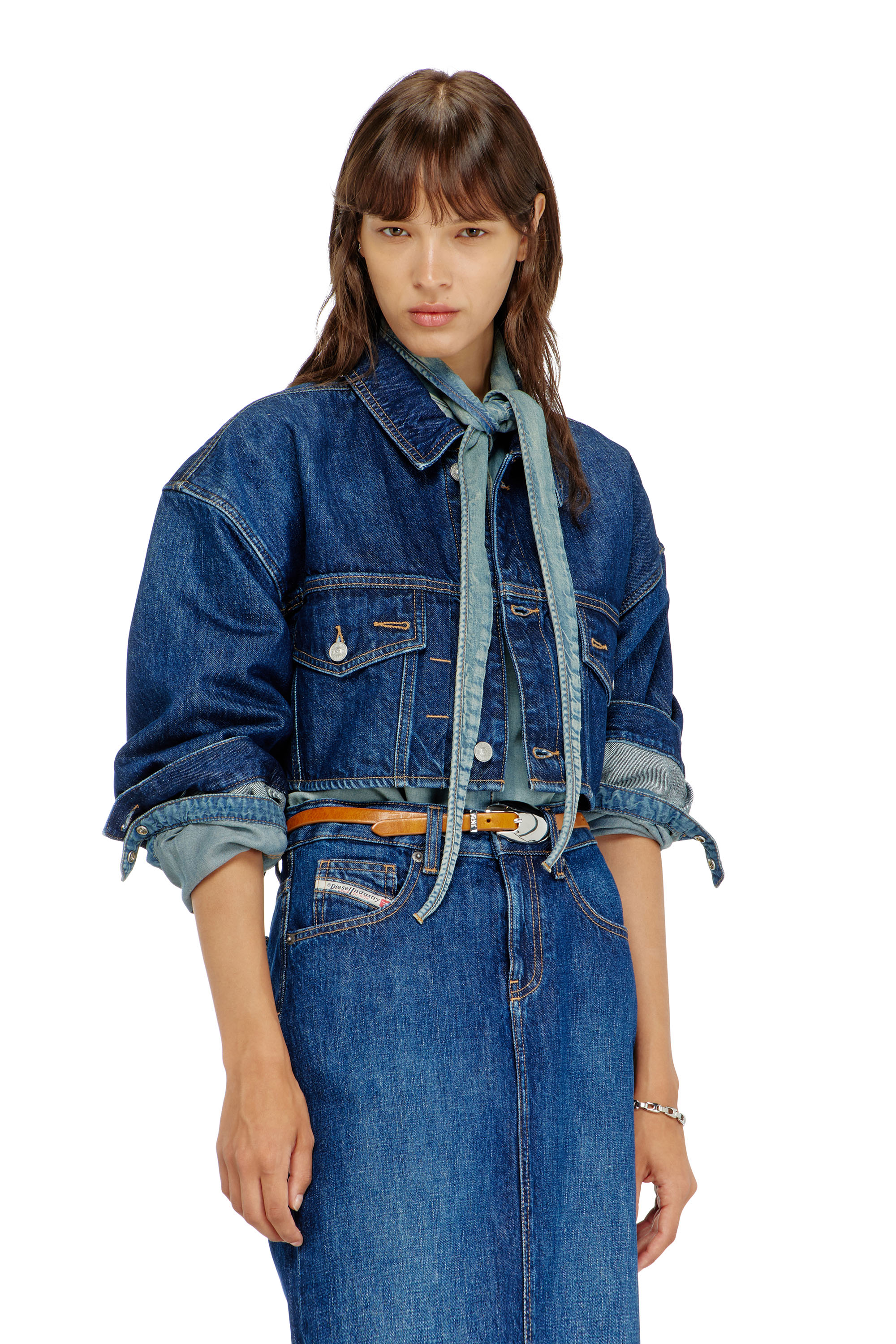 Diesel - DE-MALLEY, Damen Cropped oversized denim trucker jacket

&Uuml;bergro&szlig;e cropped Denim-Truckerjacke in Mittelblau - 1