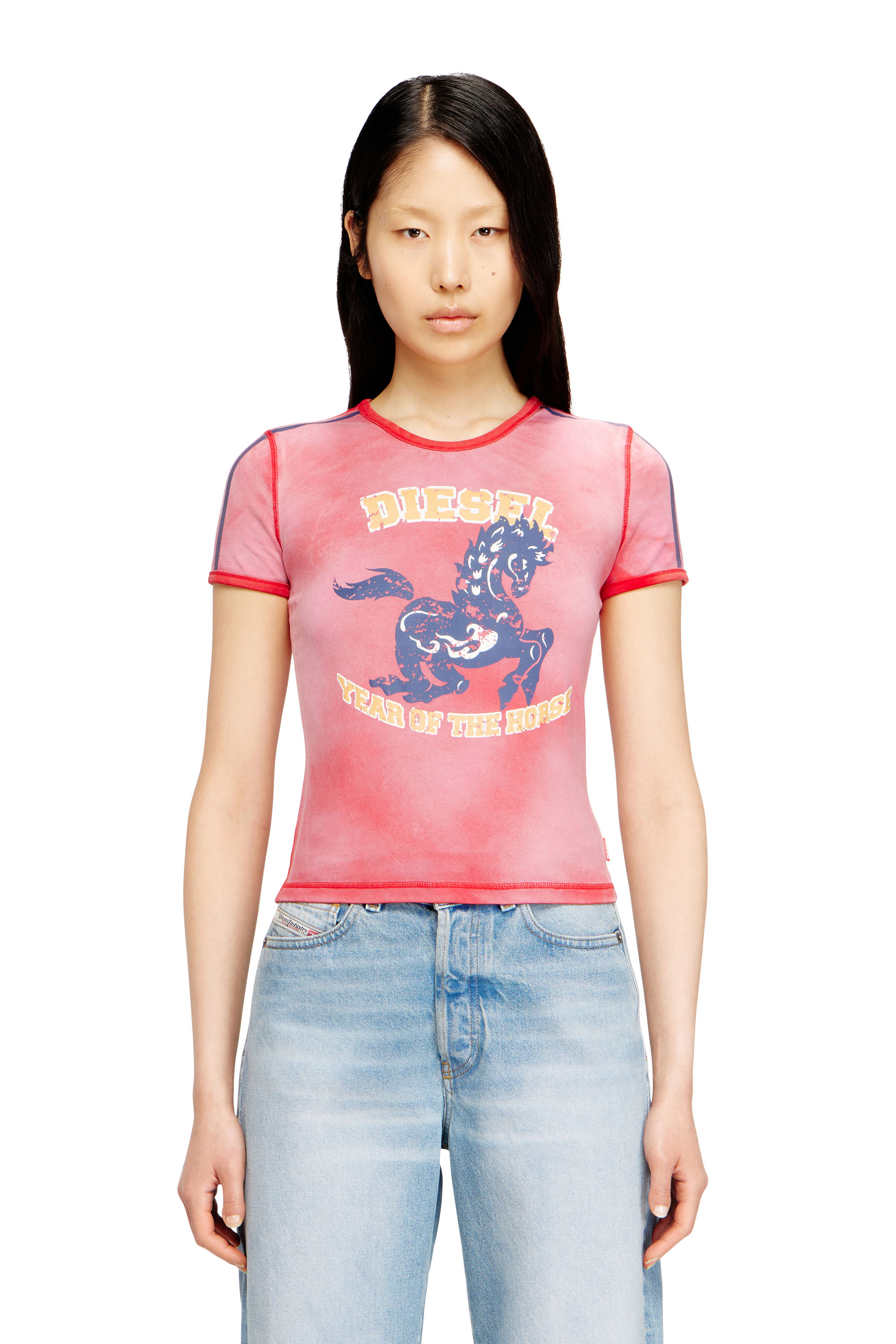 Diesel - CL-T-UNCUTIE-HORSE, Damen Baumwoll-Stretch-T-Shirt mit Pferde-Print in Rot - 1