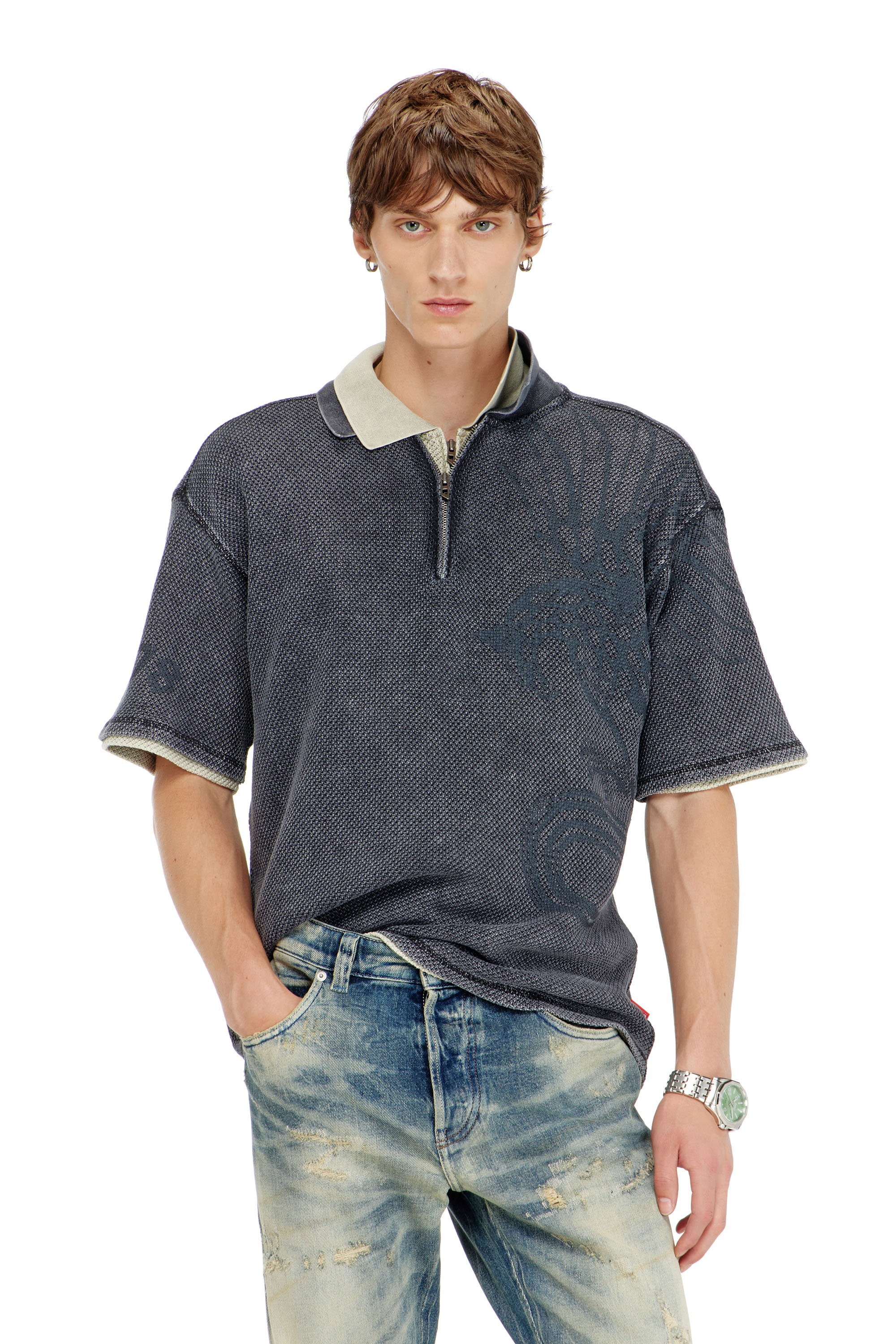 Diesel - T-ERRY-ZIP, Herren Mesh-Jacquard-Poloshirt mit Phoenix-Print in Dunkelgrau - 1