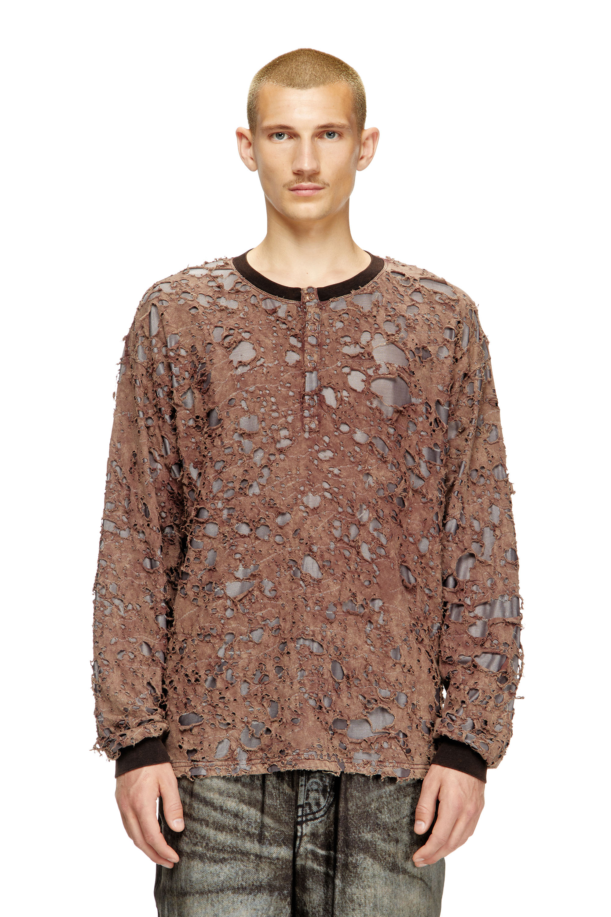 Diesel - T-OVERT, Herren Langarm-T-Shirt aus Destroyed-Jersey in Braun - 1