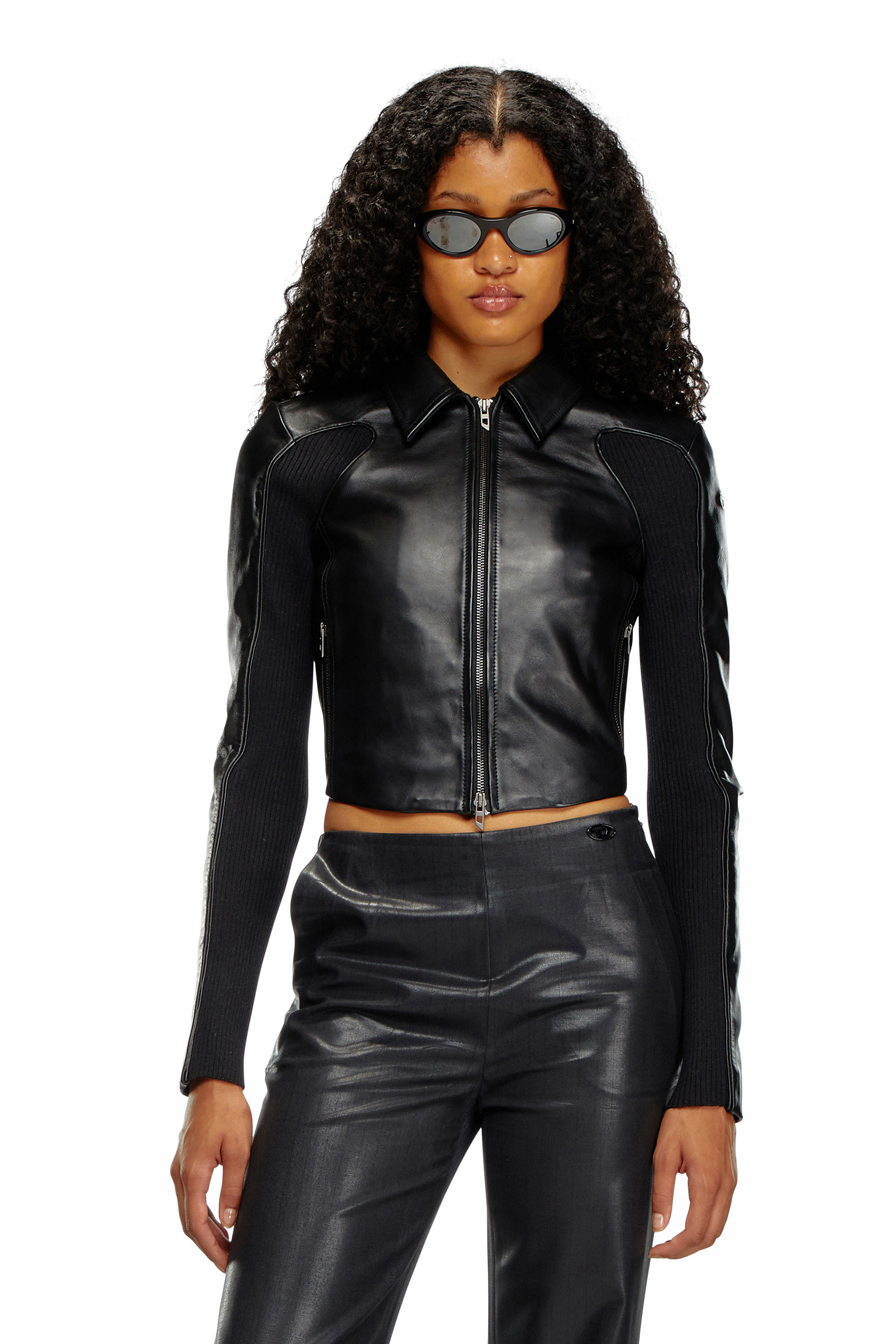 L-TOTEM-P1, Black Diesel - L-TOTEM-P1, Woman's Cropped leather jacket with knit inserts in Black - 3