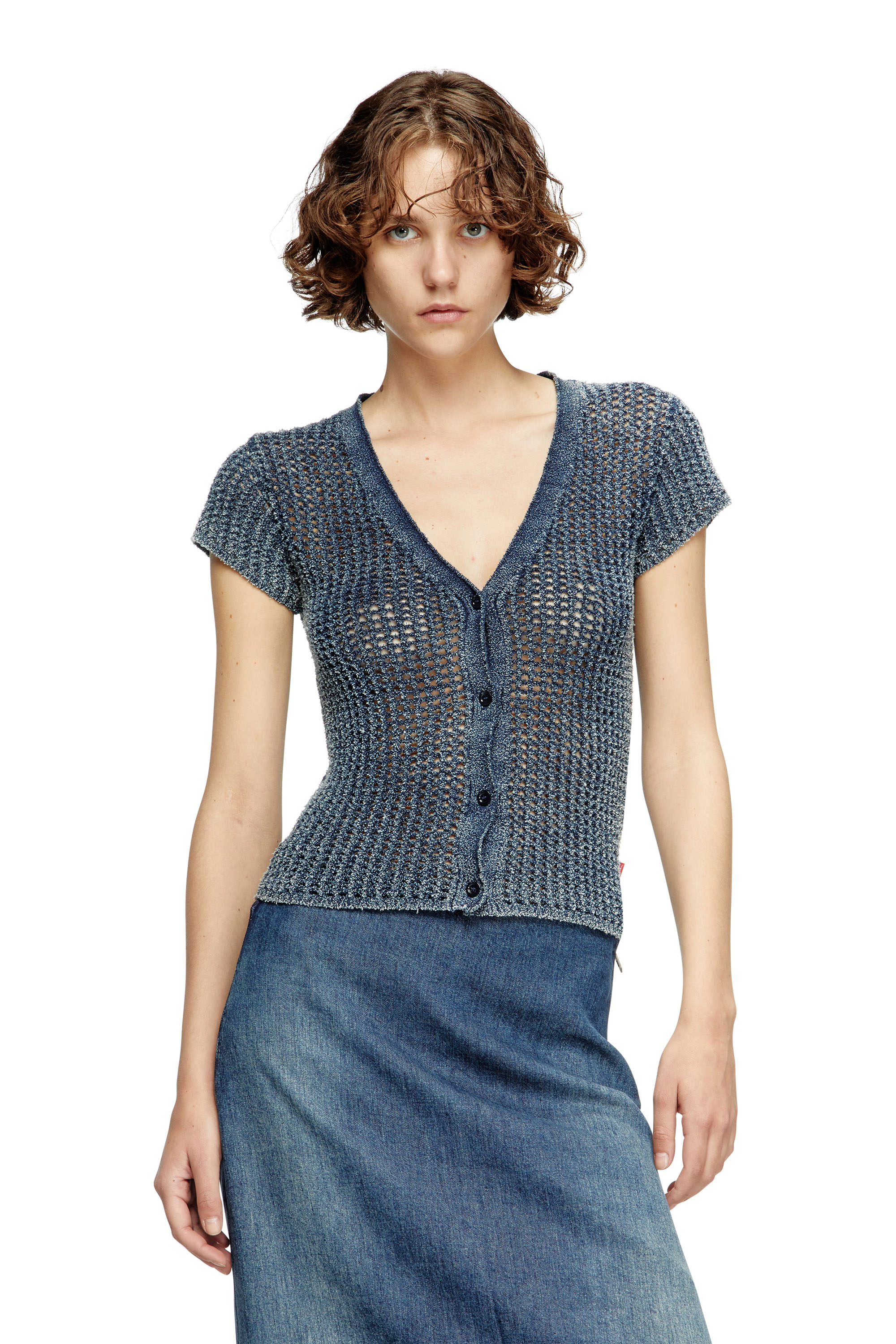 Diesel - M-REZ, Damen Kurzarm-Cardigan aus Denim-Mesh-Strick in Mittelblau - 1