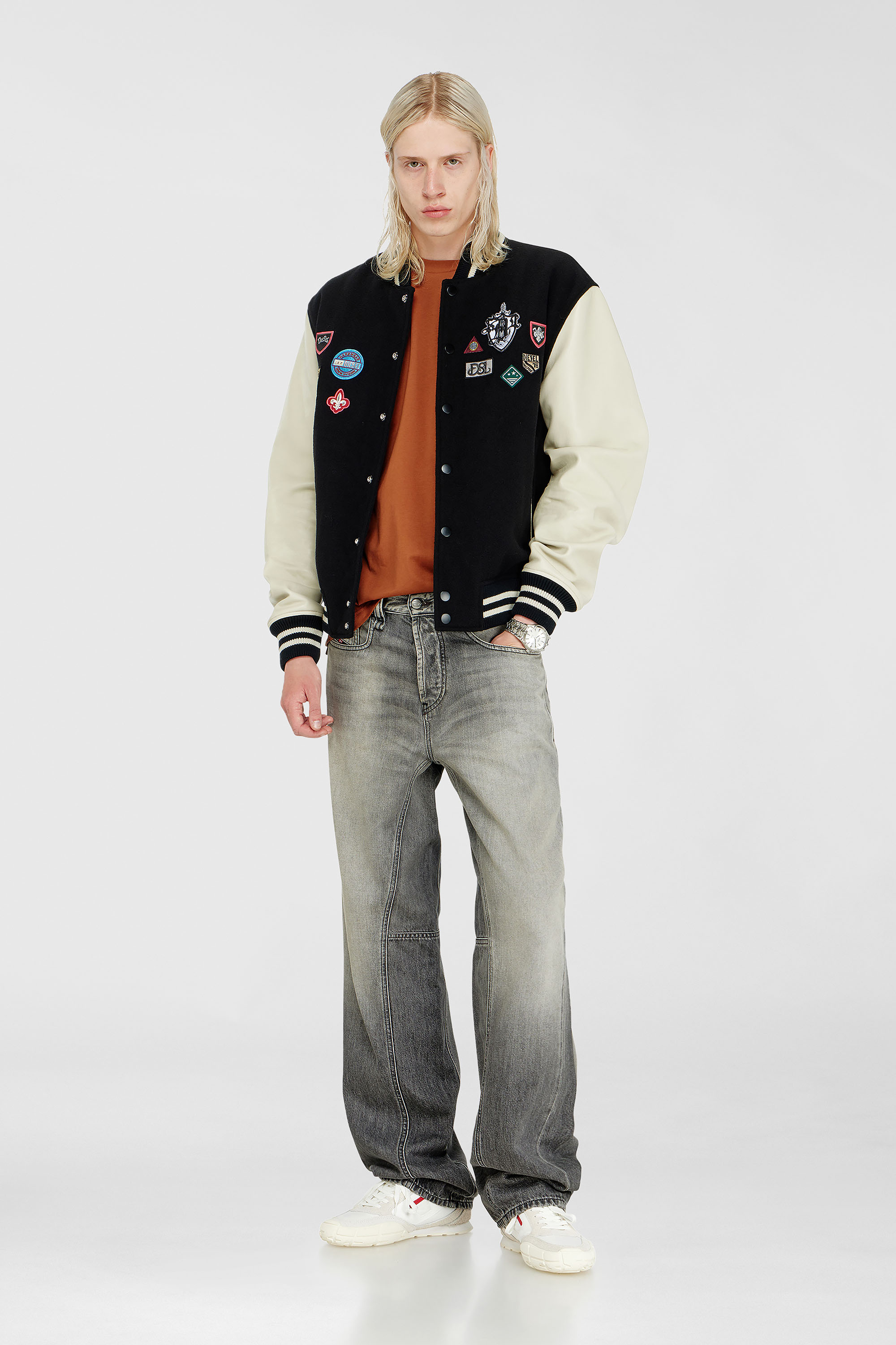 Diesel - L-ARRY-PATCH, Herren Bomberjacke aus Wolle und Leder mit Patches in Weiss/Schwarz - 2