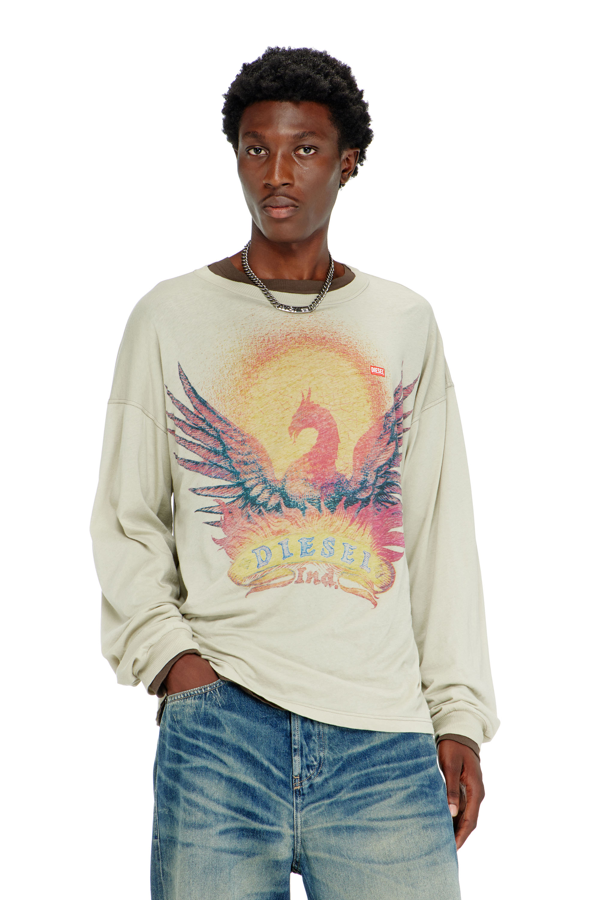 Diesel - T-BOXT-LS-AA1, Herren Langarm-T-Shirt mit Phoenix-Motiv in Beige - 1