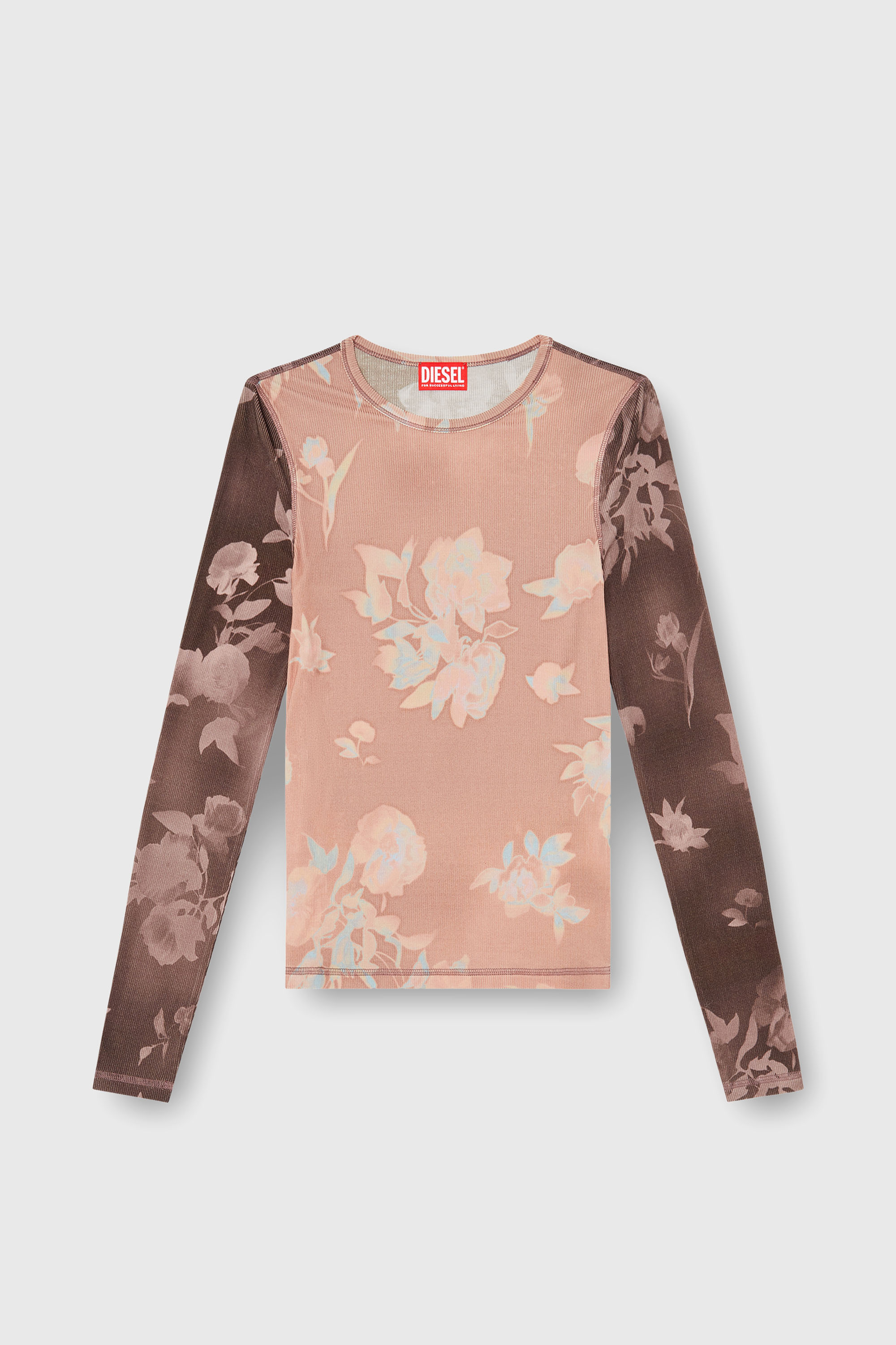 Diesel - T-MOKY-LS, Damen Top aus geripptem Jersey mit Blumenprint in Rosa/Braun - 2