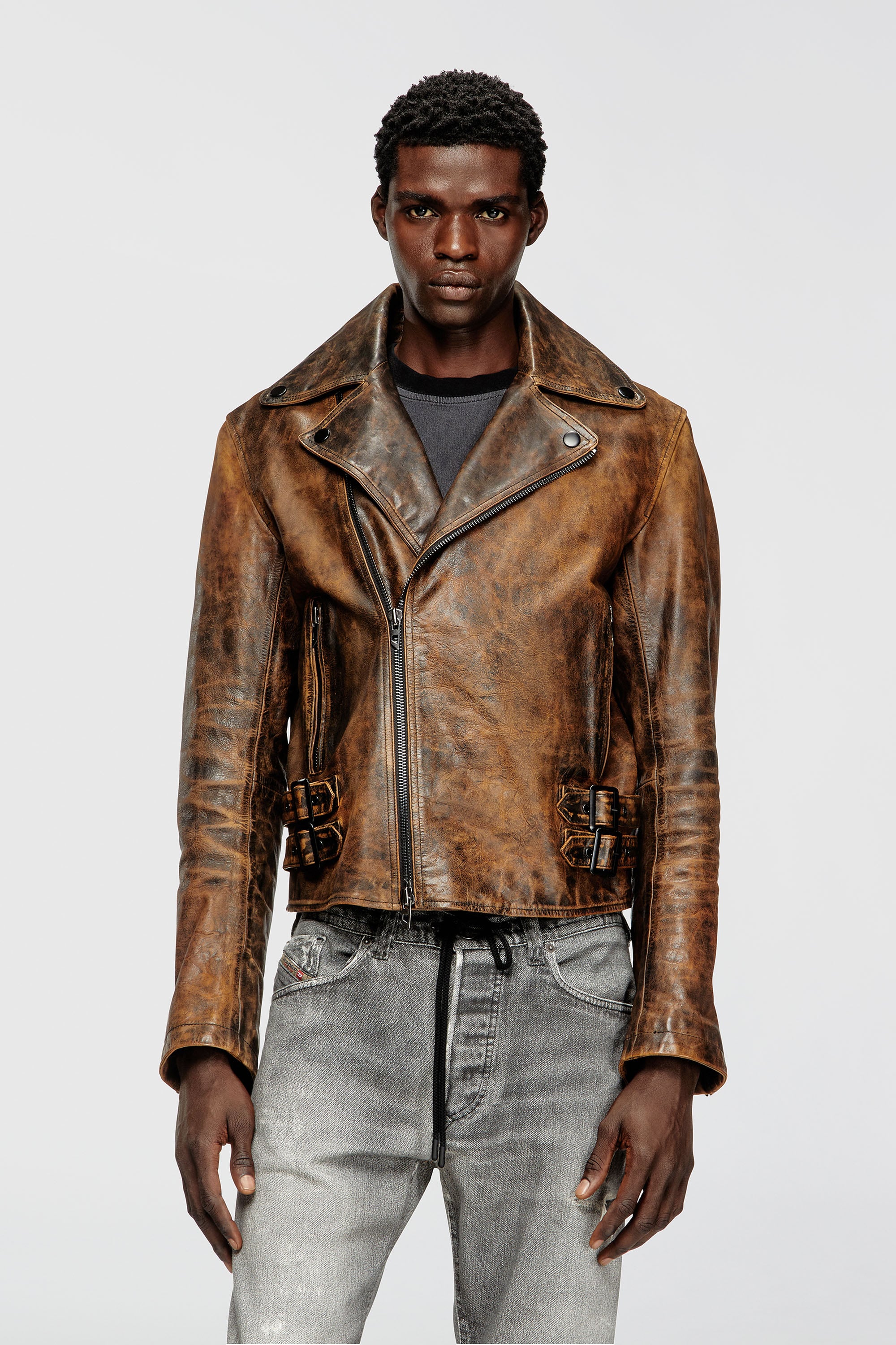 Diesel - L-EON, Herren Bikerjacke aus behandeltem Leder in Braun - 1