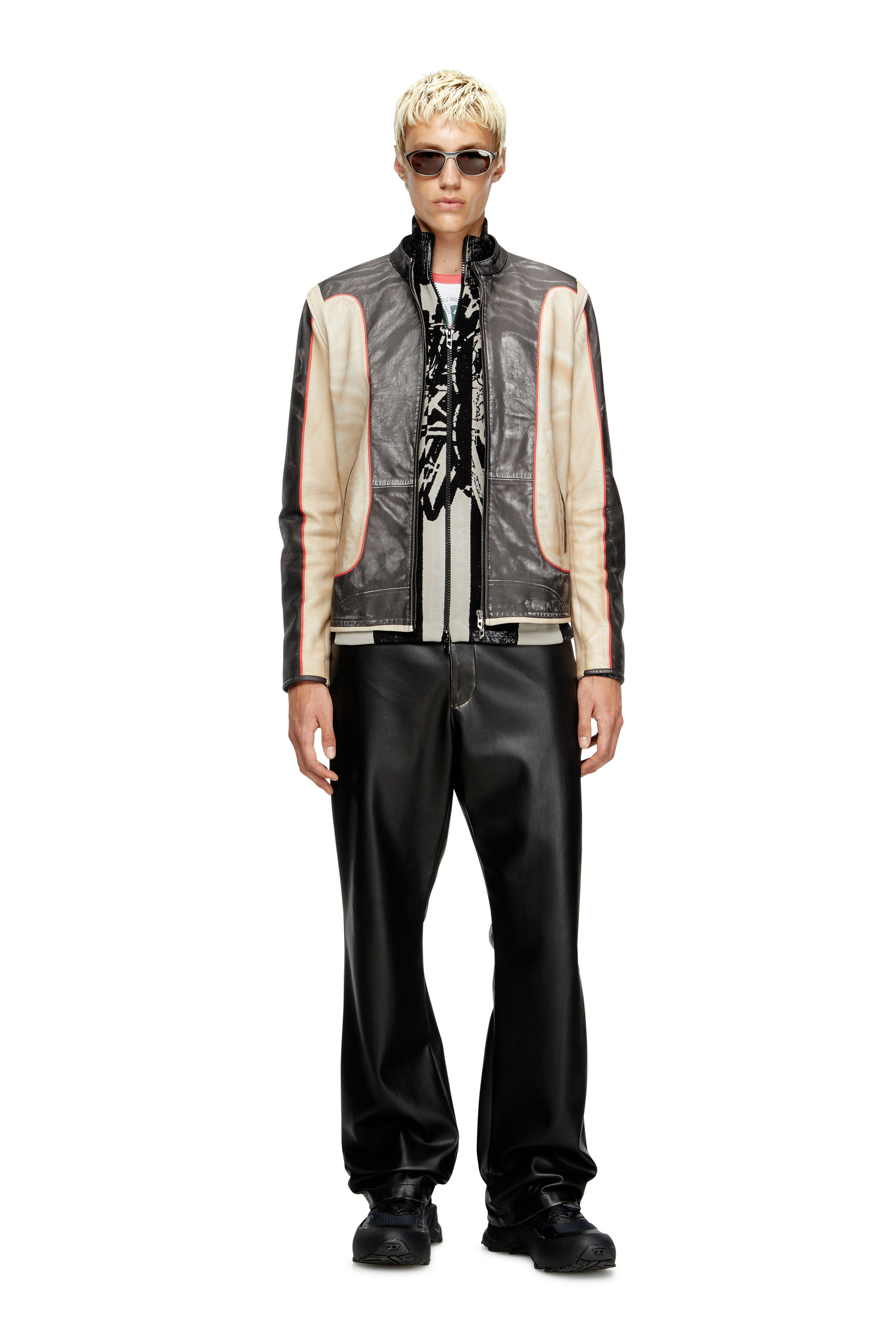 Diesel - L-EVERT, Herren Bikerjacke aus Leder in Trompe l'œil-Optik in Beige/Schwarz - 1