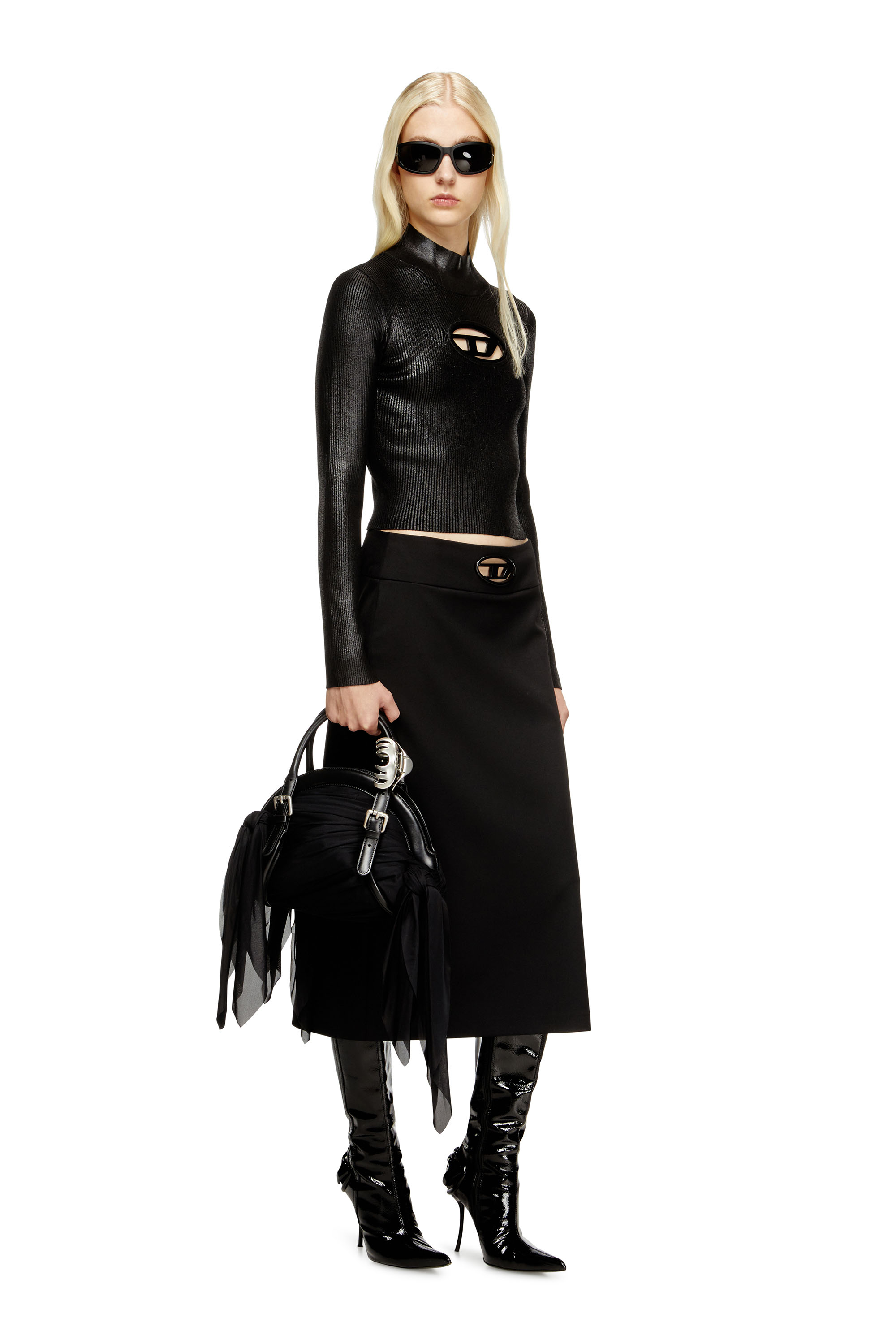 Diesel - M-VALARI-TN, Damen Rippenstrick-Rollkragenpullover mit Glanzeffekt in Schwarz/Silber - 1