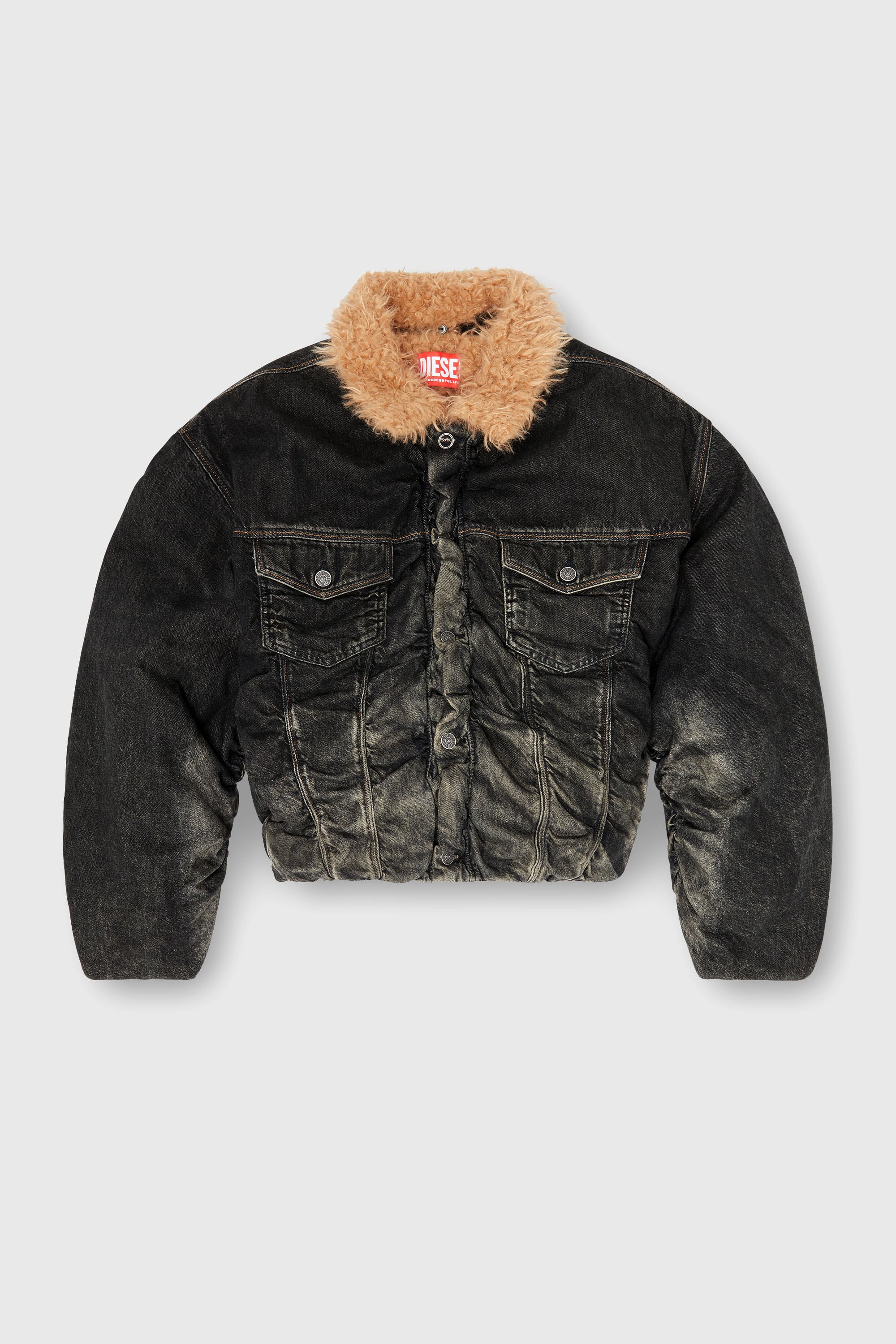 Diesel - D-CURLY-FSJ, Unisex Truckerjacke mit Teddyfutter aus Denim mit Used-Effekt in Schwarz/Dunkelgrau - 2