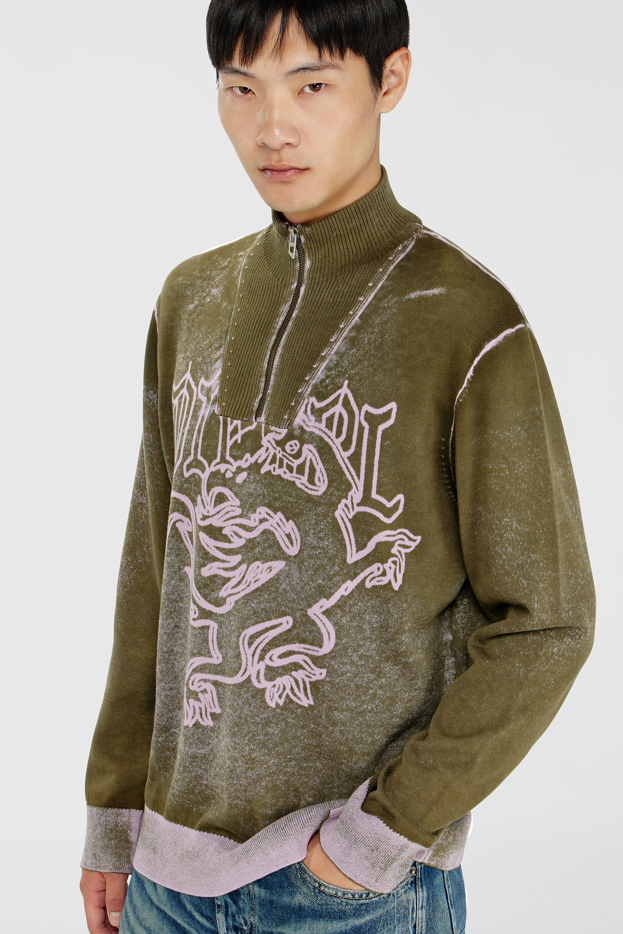 Diesel - K-LAUTARE, Herren Behandelter Half-zip-Pullover mit griffin-Motiv in Armeegr&uuml;n - 5