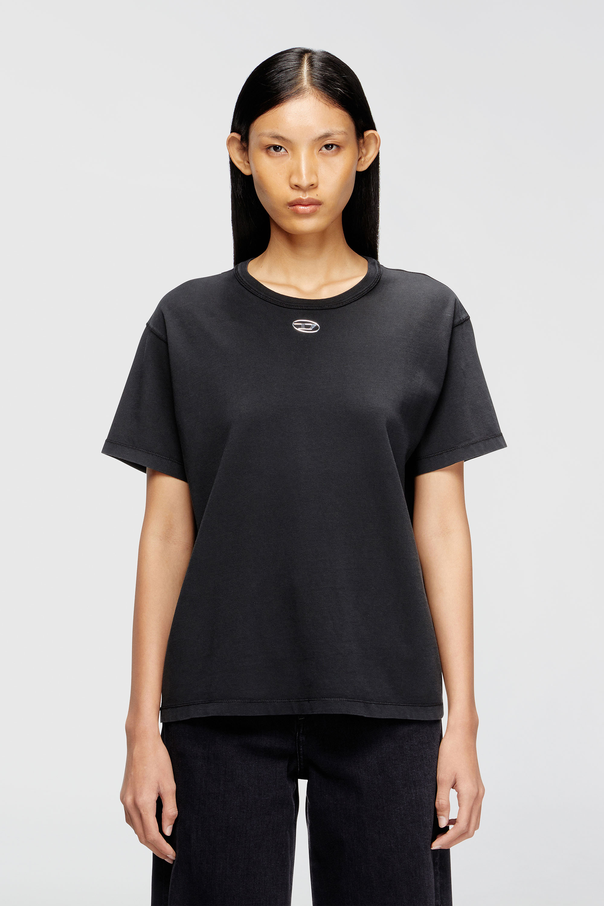 Diesel - T-NORMY-OD-S1, Damen Baumwoll-T-Shirt mit metallischem Oval D in Schwarz - 1