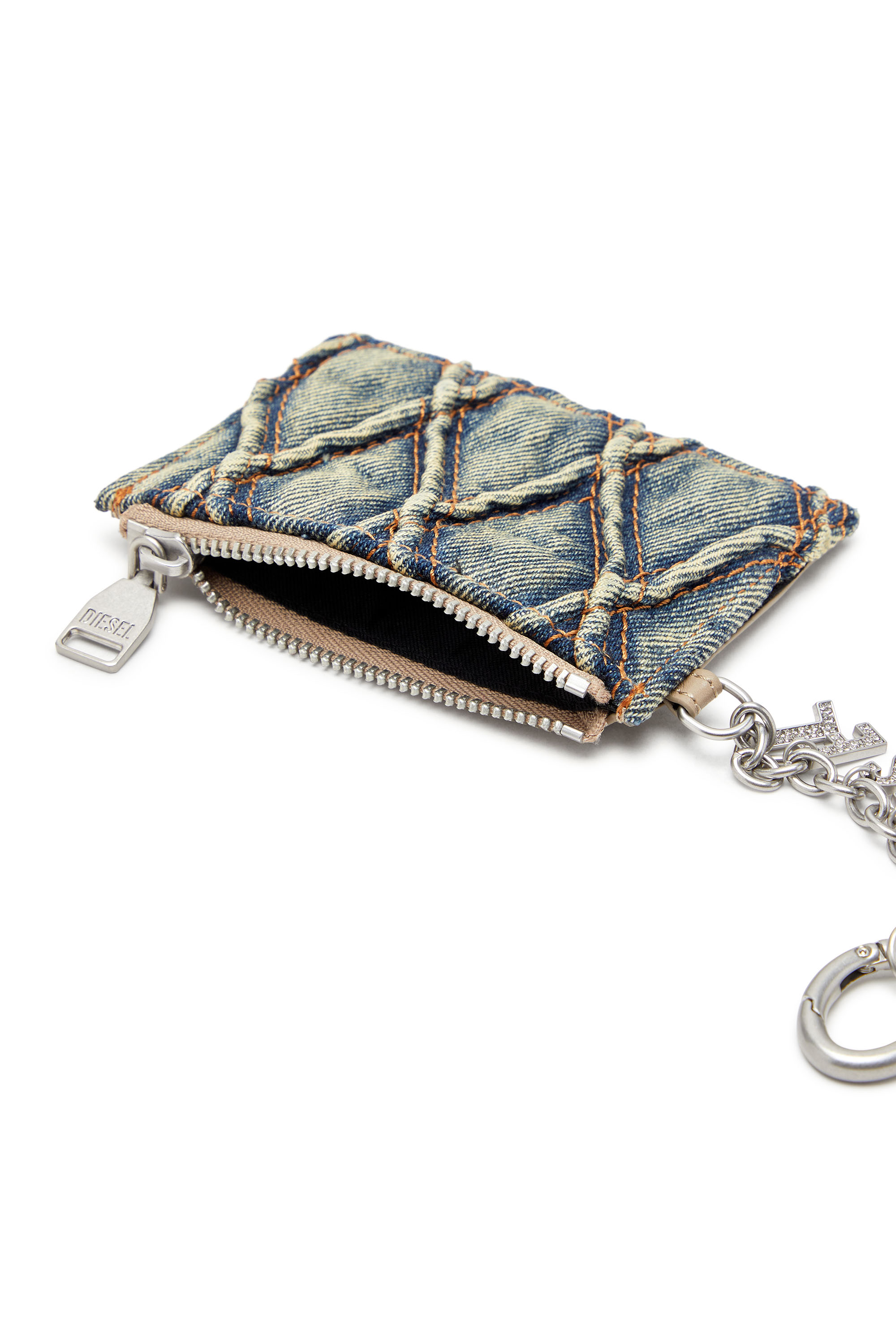 Diesel - CARD HOLDER WITH CHAIN, Damen Kartenetui aus gestepptem Argyle-Denim in Blau - 3