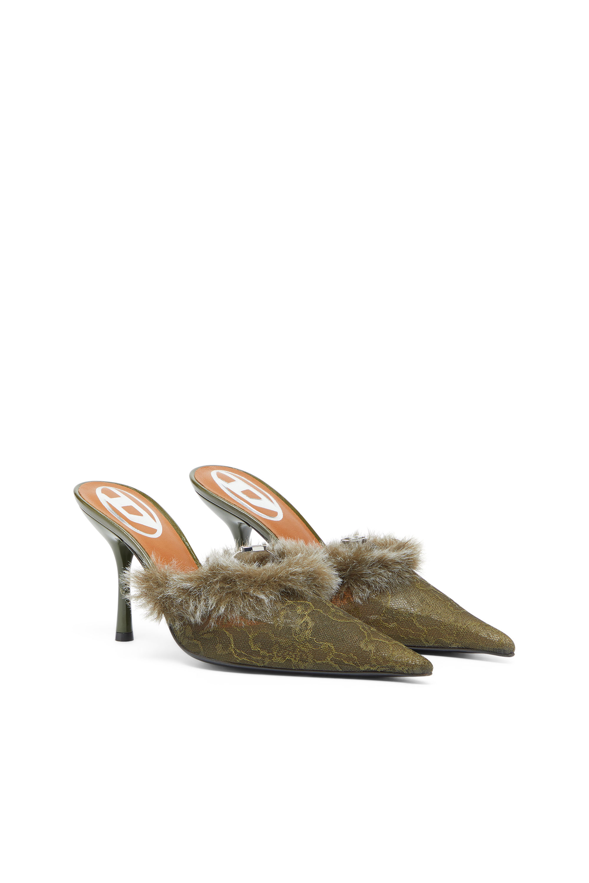 Diesel - D-JEWELS  MULE FUR 90, Damen D-Ten&Half - Mules aus Nylon mit flauschigem Besatz in Armeegr&uuml;n - 2