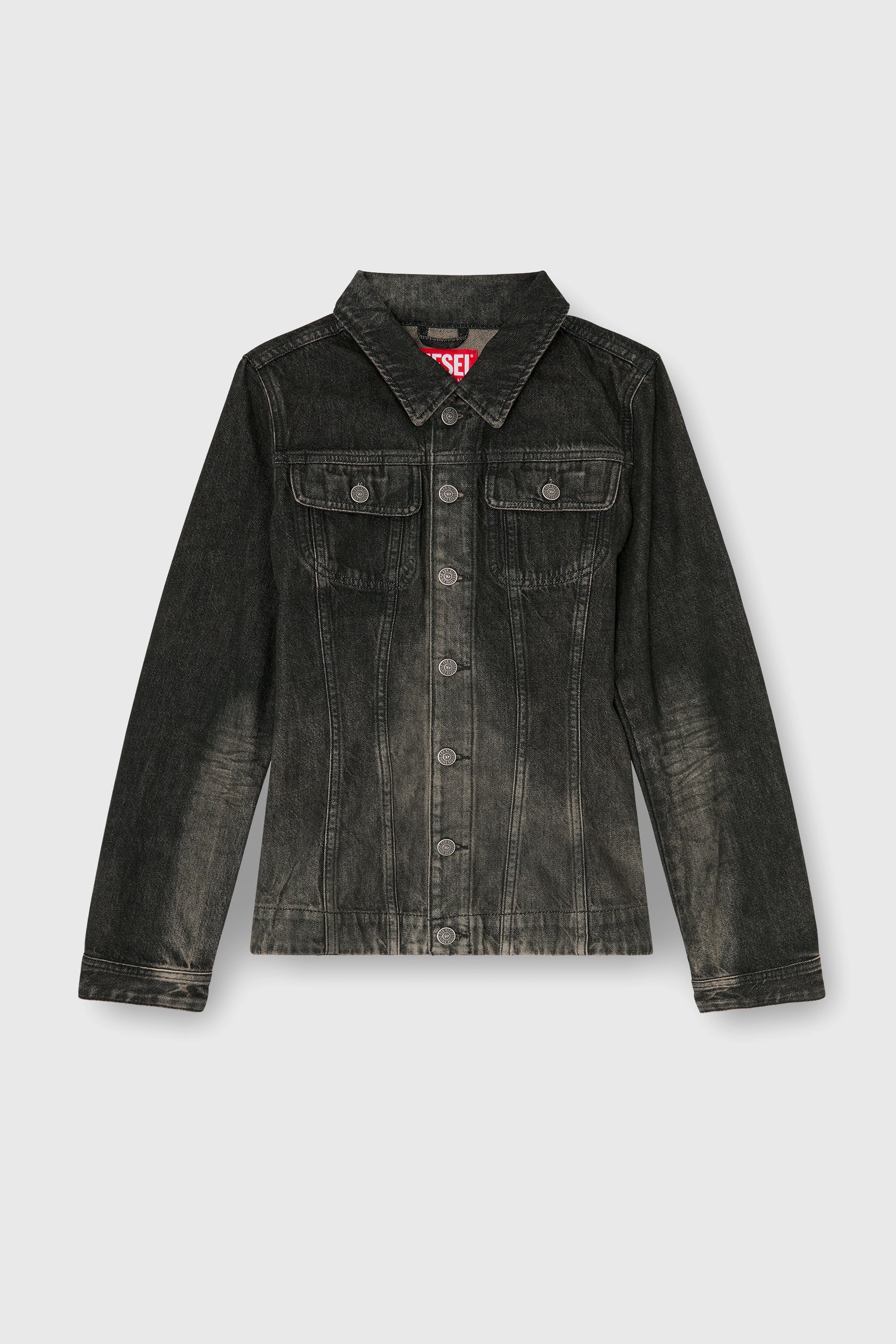 Diesel - DE-KATERIN-FSJ, Woman's Fitted trucker jacket in dirty-effect denim in Black/Dark grey - 2